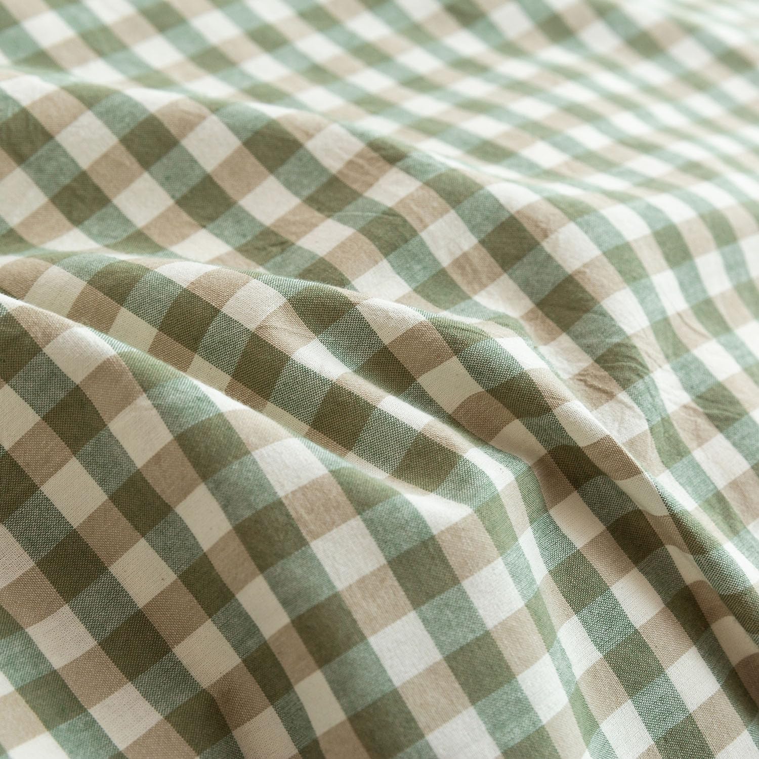 Mucalis Green Gingham Duvet Cover Queen 100% Washed Cotton Tan Plaid Checkered Vintage Grid 3 Piece Bedding Set with Zipper Closure Corner Ties,Durable,Breathable,Easy Care image 4