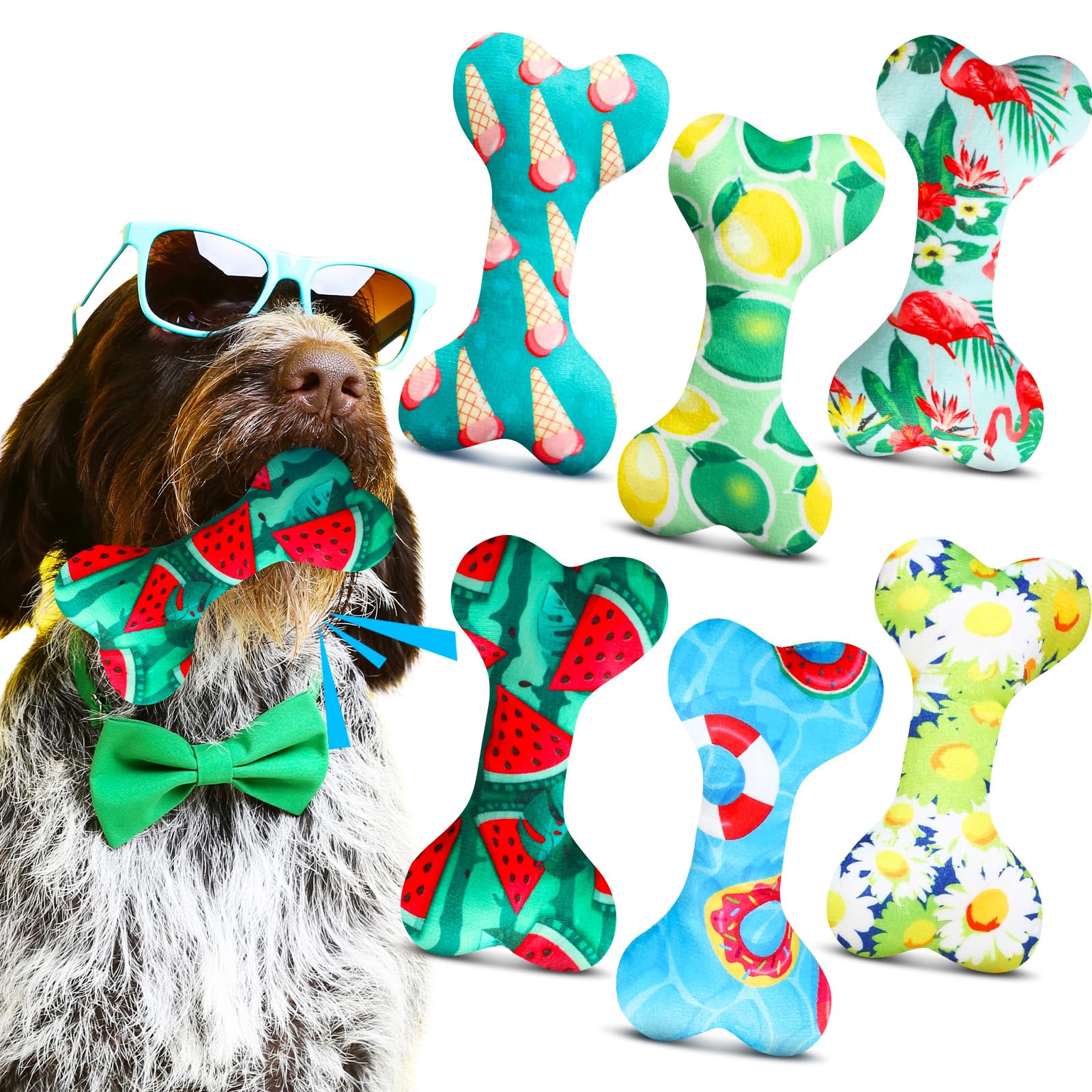 Suilung 6 Pcs Summer Dog Toys Summer Flower Fruit Fun Cute Soft Cotton Filled Interactive Teething Chew Bone Squeaky Plush Toys for Small Medium Dog