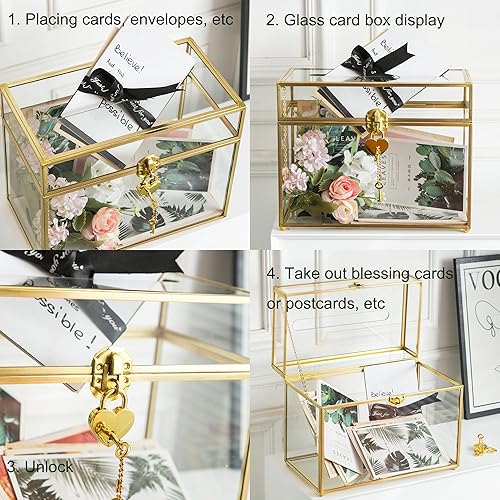 Miniatura 4 de Caja de cristal para tarjetas de boda con ranura, caja transparente de 10.2 pulgadas, caja de almacenamiento de tarjetas de regalo de latón dorado
