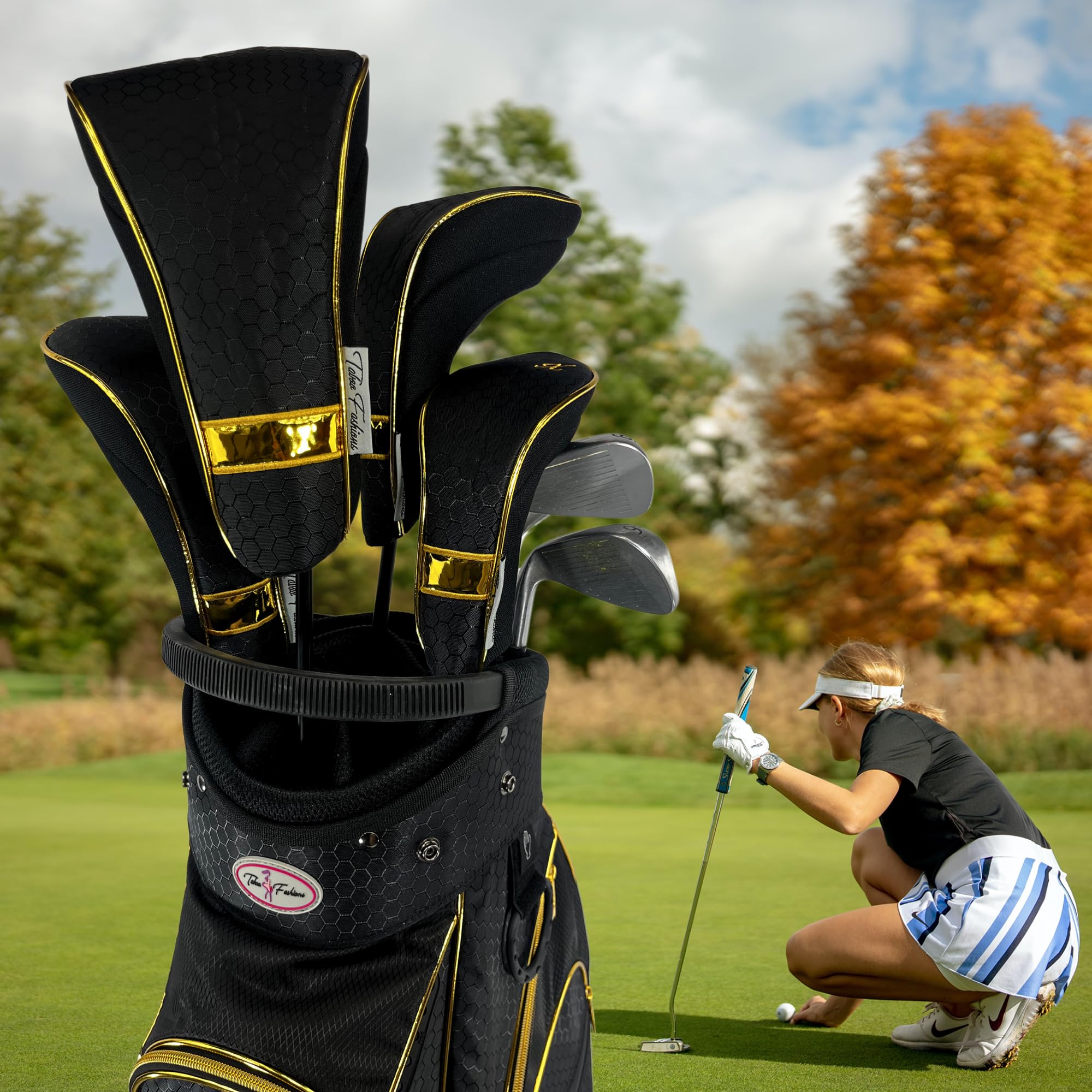 Womens Designer Golf Club Covers 4 Pack - Taboo Fashions Numbered Head Covers for Driver Woods & Hybrid - Weather/Moisture Resistant Protection (Black Prints)
