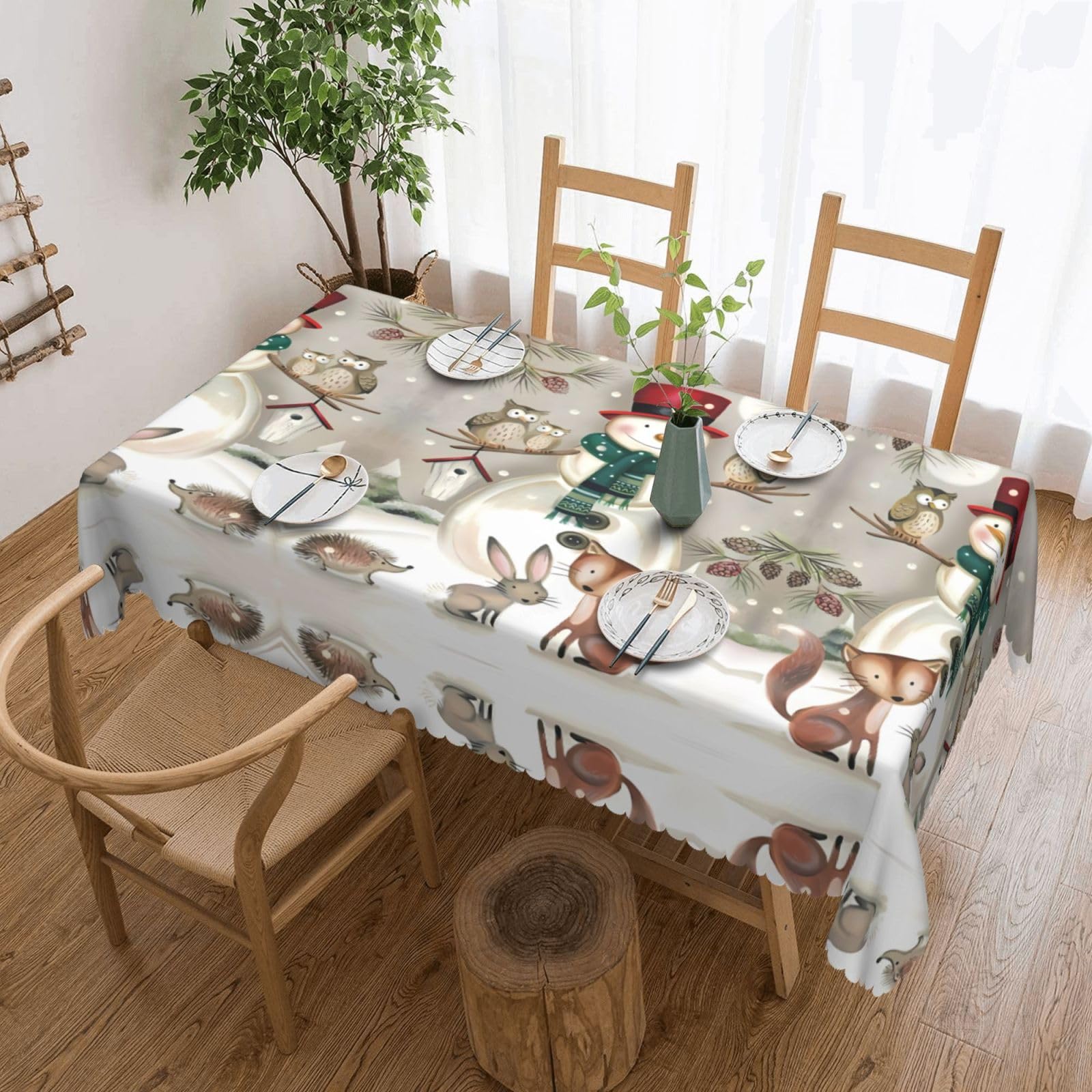 LPLSNWS Owl Standing On Snowman Patterned square lace tablecloth, oil-resistant, washable, suitable for home use as a dining table cover.