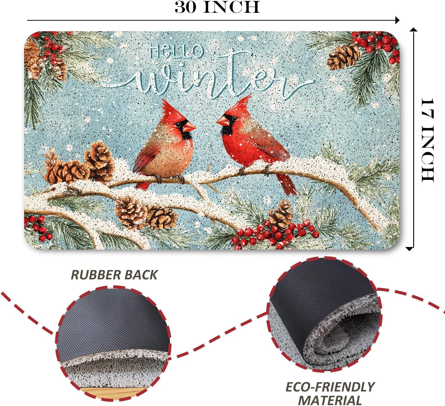 Hello Winter Red Cardinal Door Mat Outside Entrance, Winter Christmas Cardinal Welcome Mats for Front Door, Snowy Pine Branch Xmas Doormat for Outdoor Indoor Entryway, 17x30 Inches