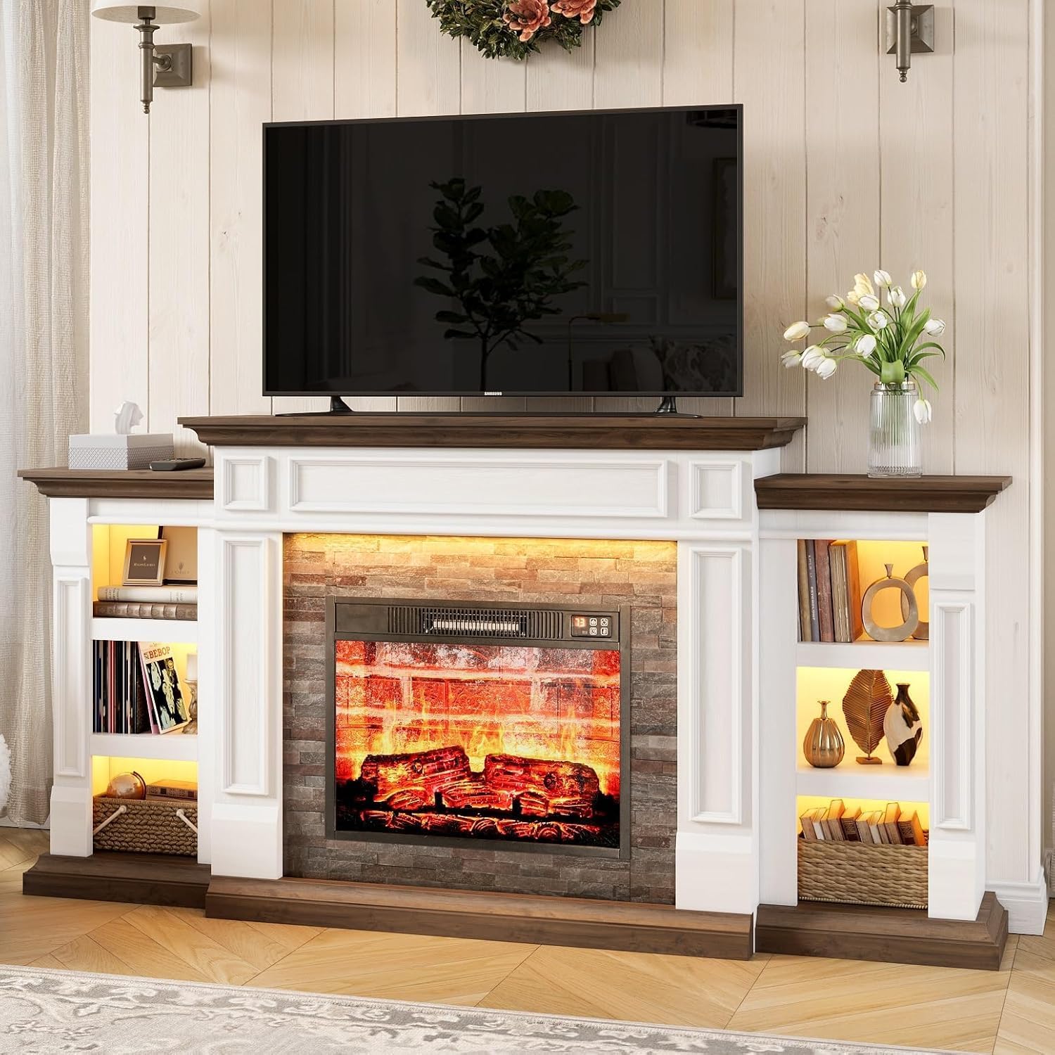72" Electric Fireplace with Mantel and Cabinets, Fireplace TV Stand for Living Room Bedroom, LED Light, Stacked Stone Surround and 3D Realistic Flame Insert Heater