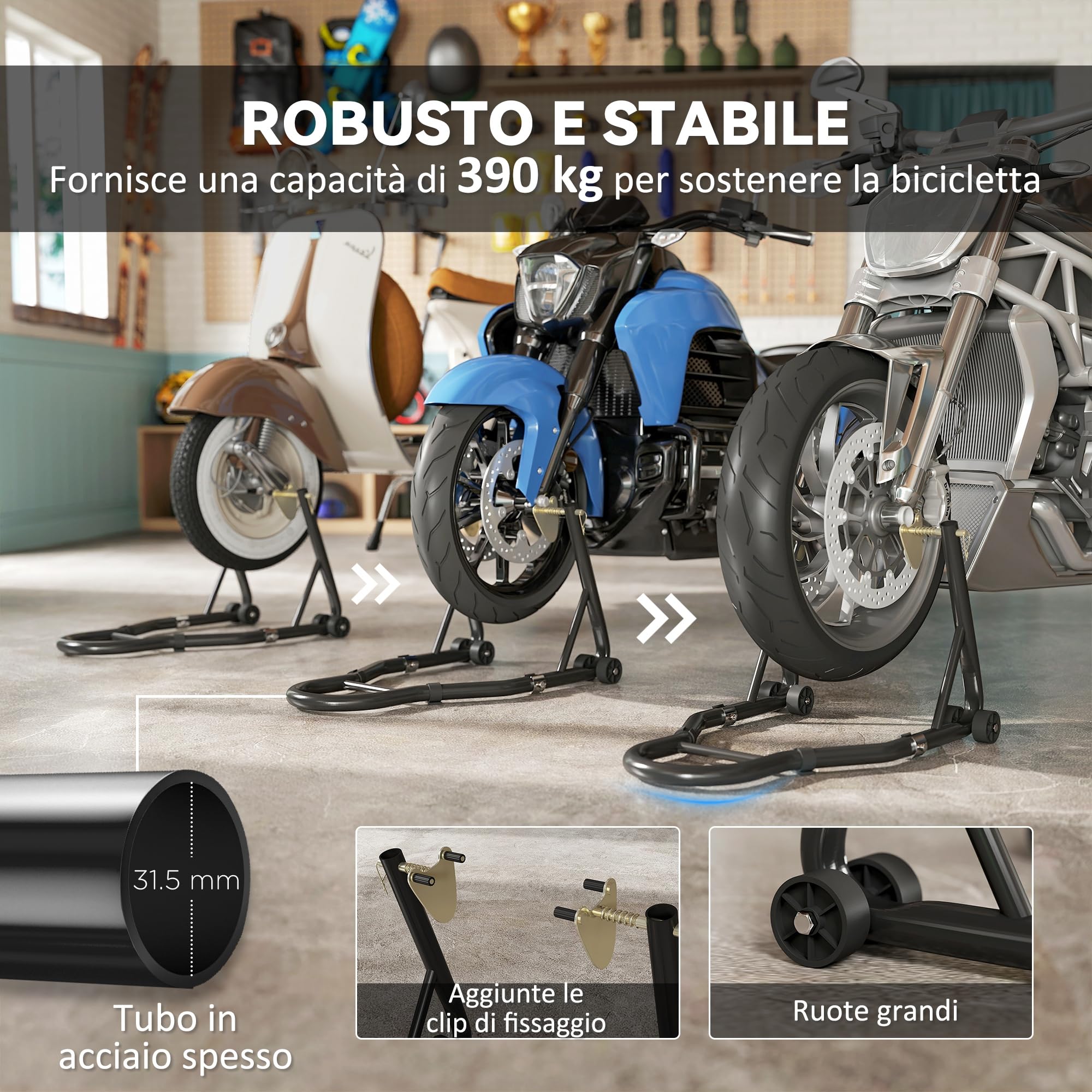 HOMCOM Set 2 Cavalletti Alzamoto Regolabili a Triangolo con Capacità di 390 kg, Cavalletti per Moto Posteriore e Anteriore in Acciaio con Rotelle e Forcelle a U e L, per Garage e Officina, Nero