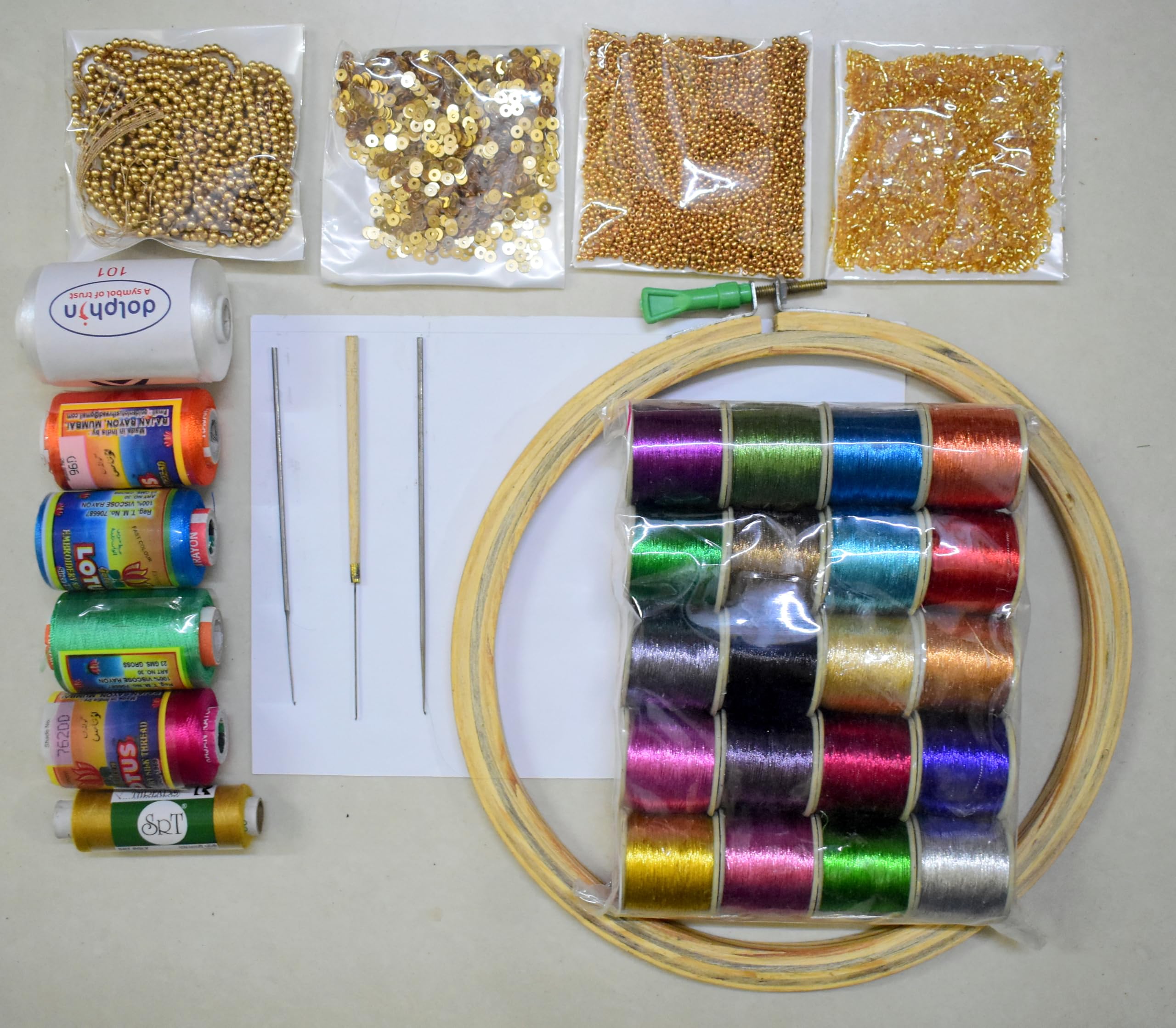 Prabhas Designs Aari Basic Kit with 10 inch Frame, 3 aari Needles, 20 Multi Color zari Thread, 4 Silk Thread, Sugar Beads, khardhana, Gold Ball Chain etc-image-10
