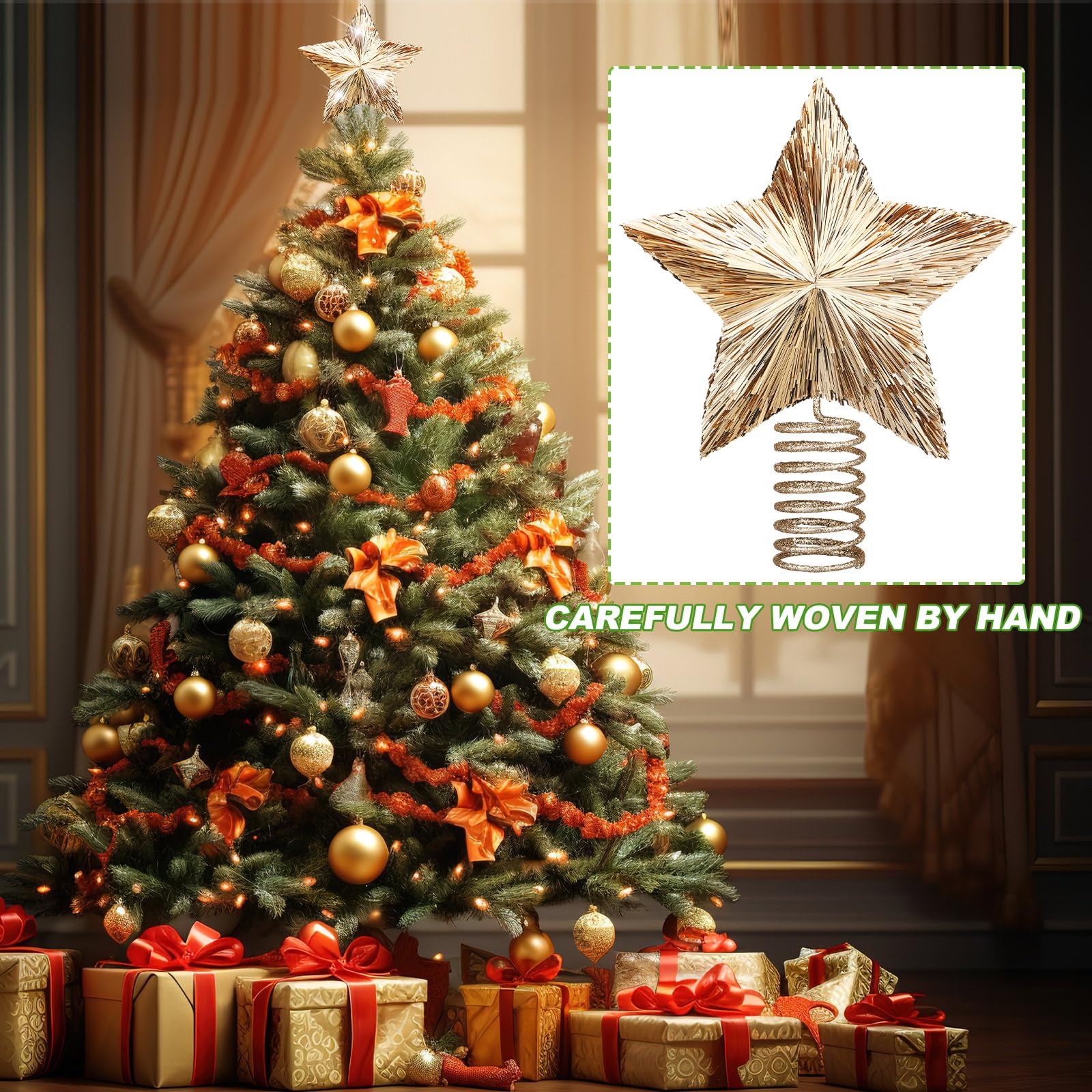 Gejoy Décoration de sapin de Noël dorée - 20,3 x 27,9 x 5,1 cm - Étoile pailletée - Cadeau de Noël pour sapin de Noël