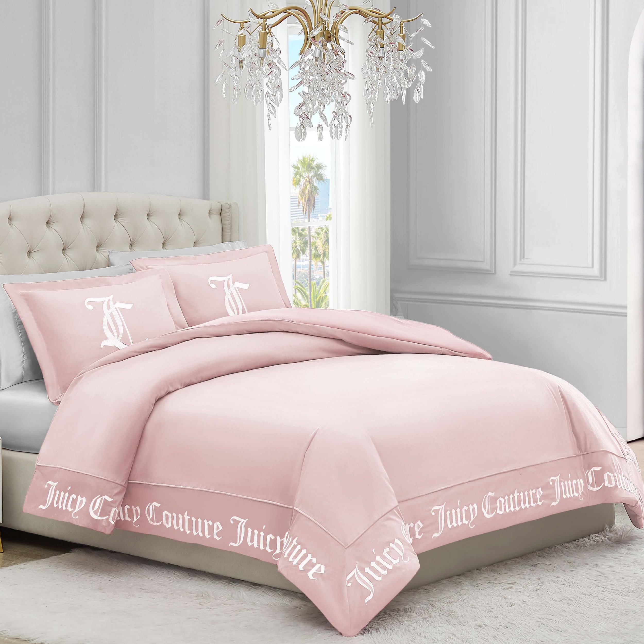 Juicy Couture - Comforter Set - Gothic Design Bedding - King - 3 Piece Set Includes (1) 108" x 92" Comforter and (2) 20" x 36" Shams - Wrinkle Resistant - Premium Bedroom Decor - Black: Marshmallow Pink Full/Queen 3PC