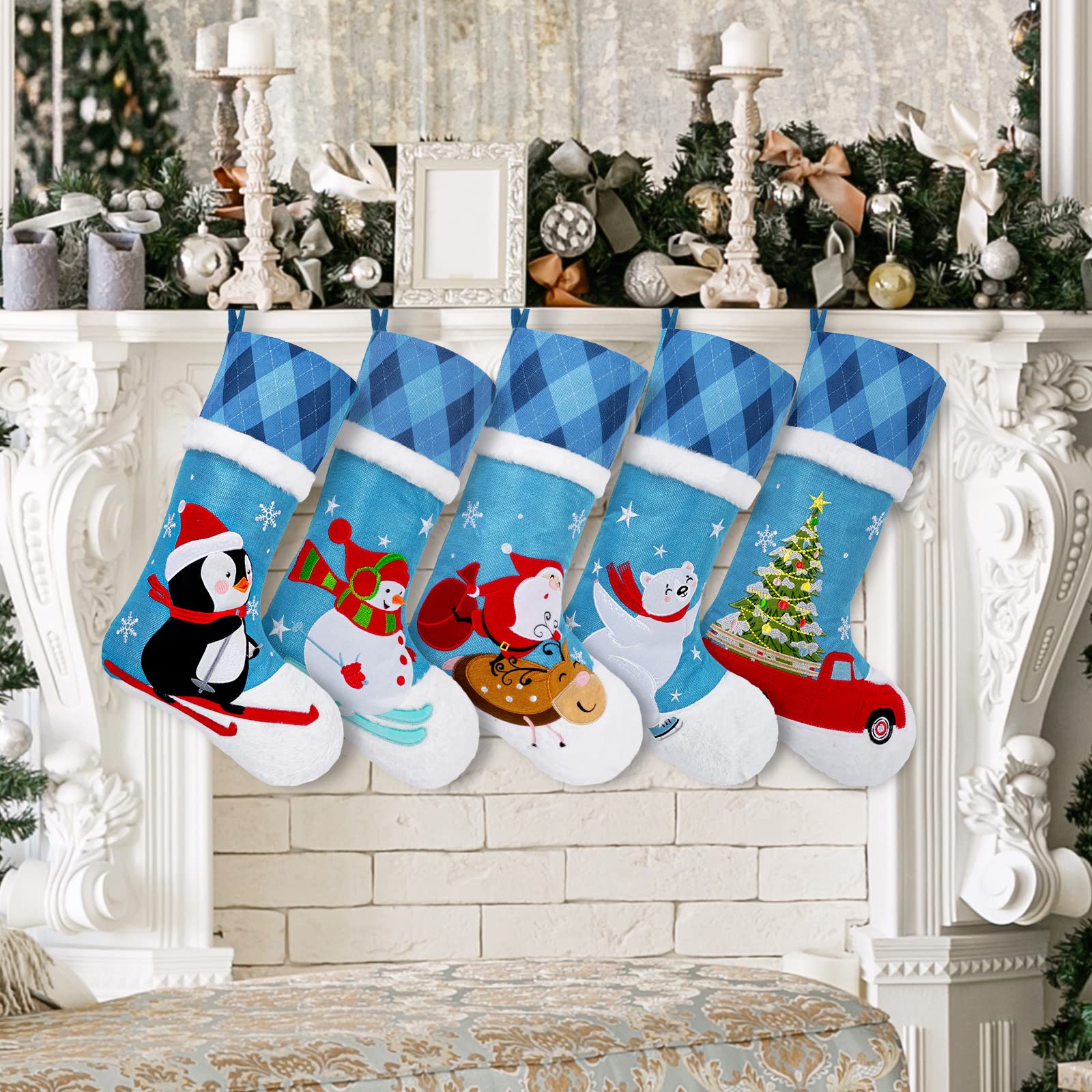 AnyDesign 5 Pack Christmas Stocking 19 Inch Large Blue Plaids Embroidered Hanging Stocking Skiing Snowman Penguin Santa Reindeer Treat Gift Bag Stocking for Winter Fireplace Tree