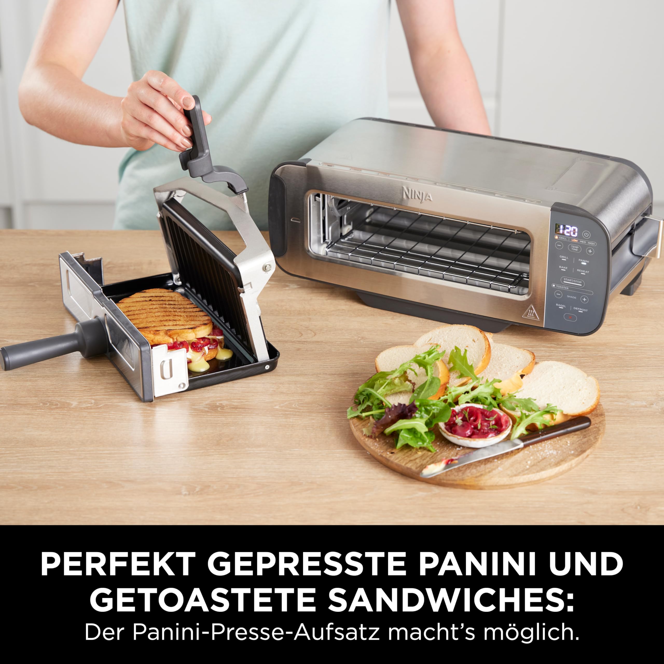 Ninja Foodi 3-in-1 Toaster, Elektrogrill mit Deckel, Panini-Presse mit Flip-Design, 7 Kochfunktionen, 7 Toastlinien, Backblech und Krümelschale, Edelstahl, ST202EU