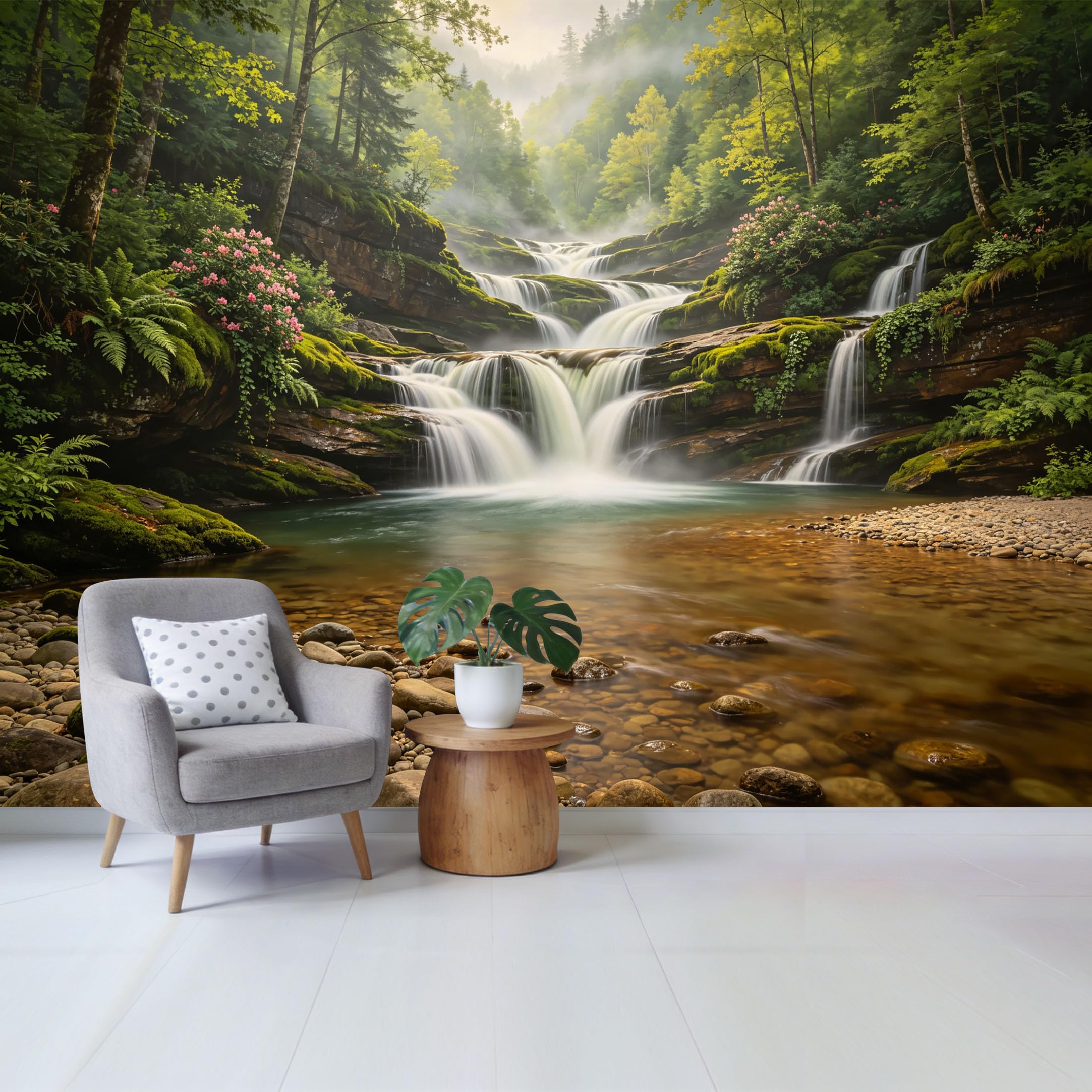 Custom Size Wall Mural Tranquil Forest Waterfall Landscape with Lush Greenery and Flowing Stream Removable Self Adhesive Fabric Home Wall Decor for Living Room Bedroom Bathroom