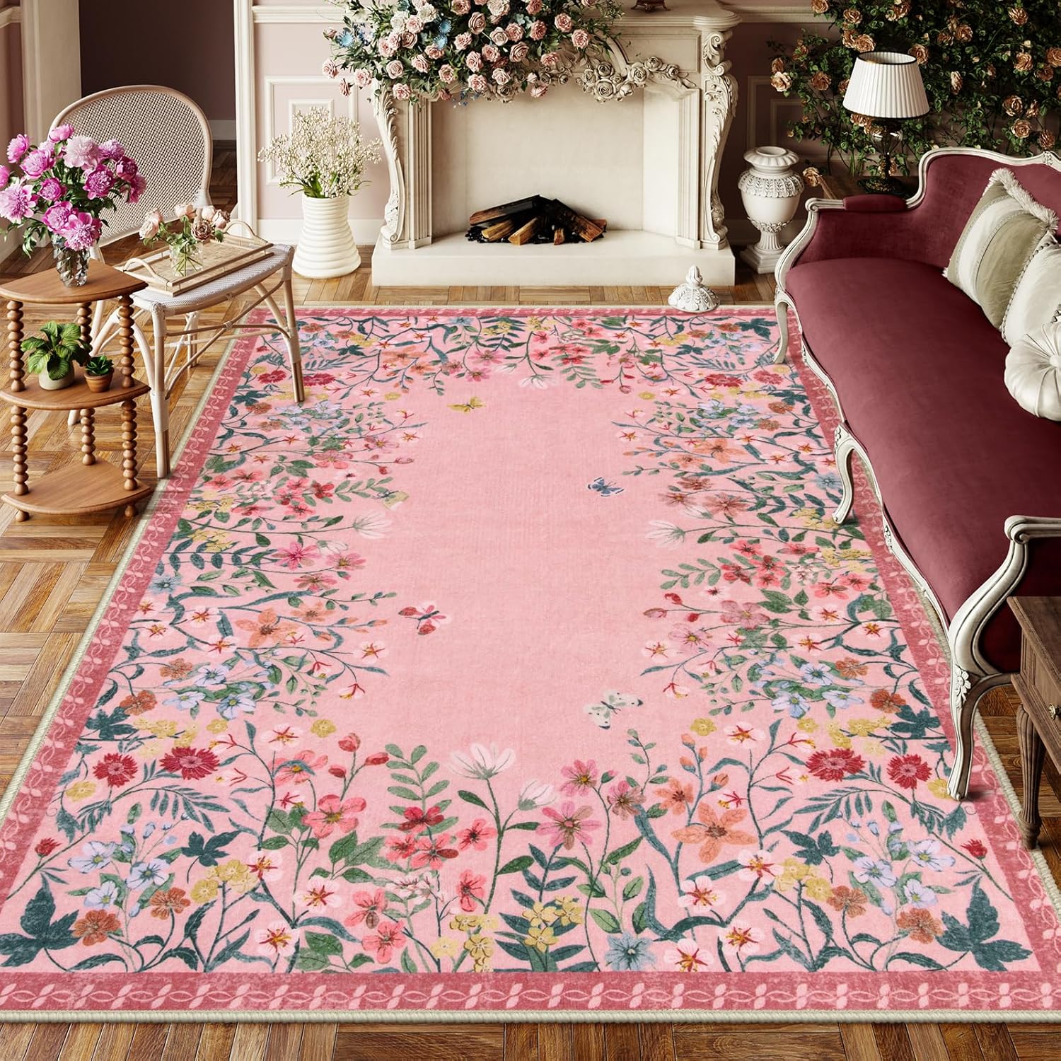Wonnitar Washable Pink Floral 8x10 Rugs for Bedroom, Non-Slip Living Room Area Rug