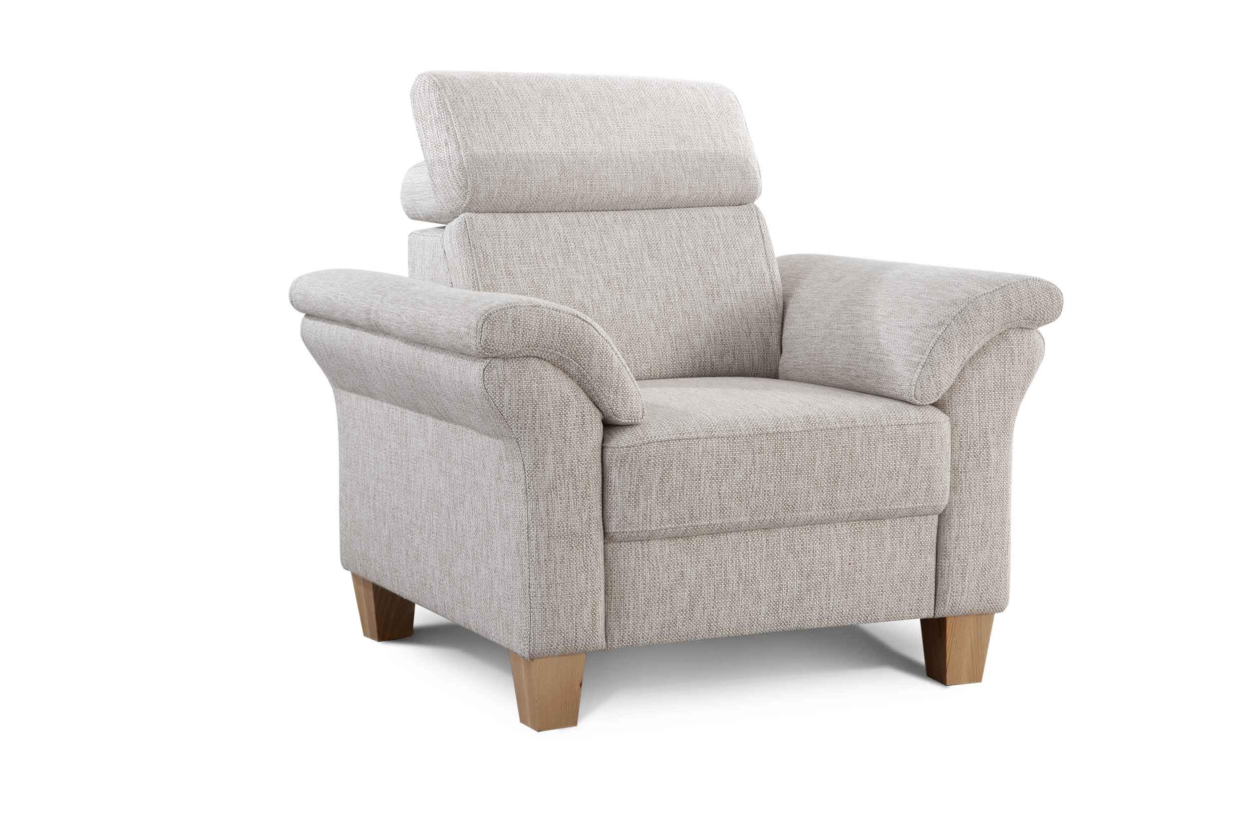 Cavadore Sessel Ammerland inkl. Federkern und Kopfteilverstellung / Großer Polstersessel im Landhausstil / Passend zur Sofagarnitur Ammerland / 101 x 84 x 93 / Strukturstoff natur