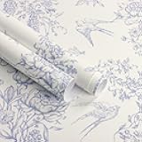 Blue and Cream White Floral Peel and Stick Wallpaper Vintage Birds Wallpaper 16.9