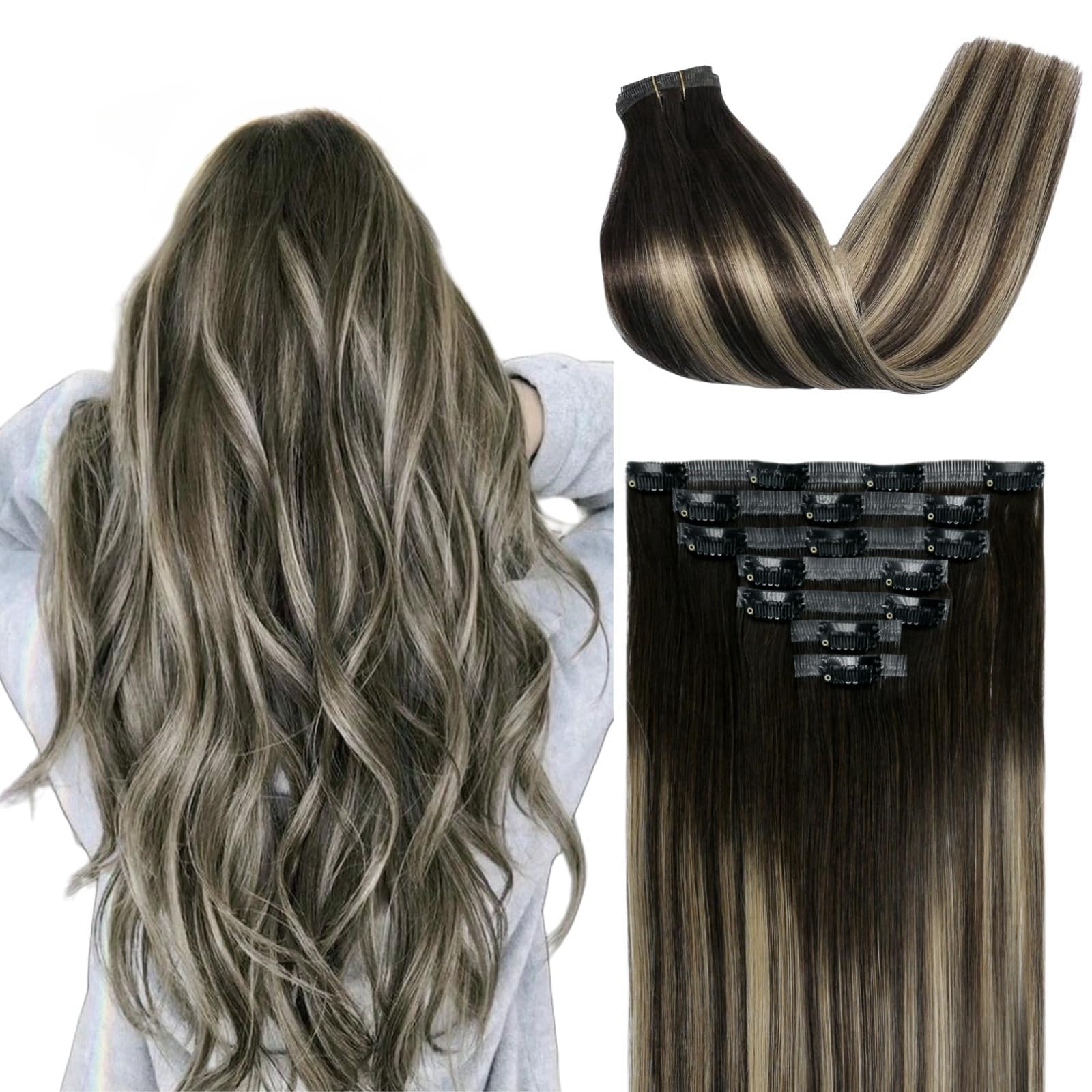 FUOTONBUTY Extension Capelli Veri Clip Doppia Cucitura 7pcs, Extension Capelli Clip, Extension Capelli Veri 90g, Capelli Umani Lisci (Da castano medio a biondo miele, 40 CM)