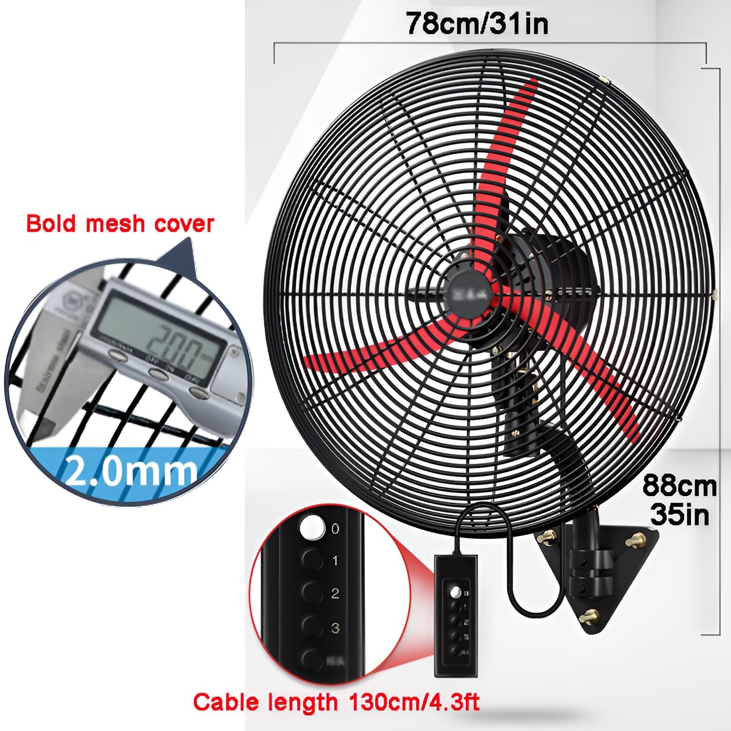 Ventilador de piso, ventilador de pared oscilante industrial de alta resistencia, altura e inclinación ajustables con 3 velocidades, ideal para refrigeración en interiores y exteriores.