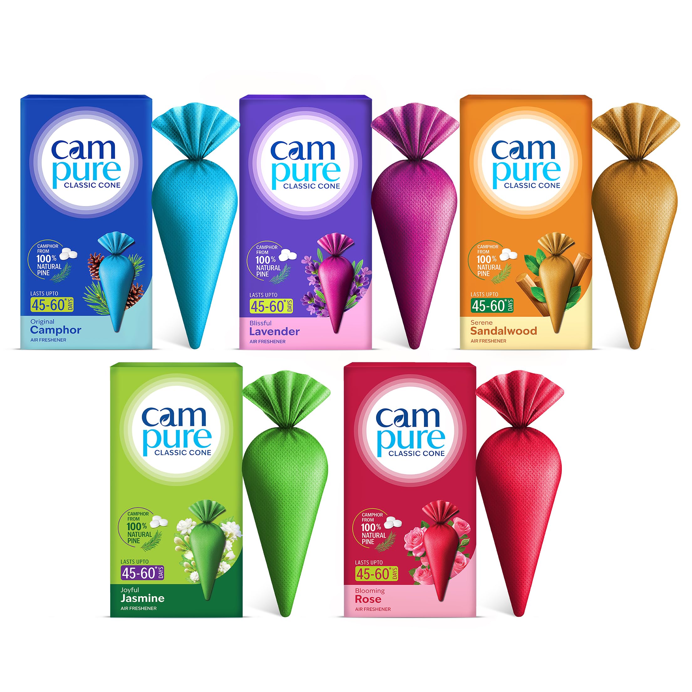 CamPure Camphor Cone Combo (Jasmine, Rose, Original Camphor, Lavender, Sandalwood) Pack of 5-100% Organic | Air Freshener for Car, Wardrobe, Office Cabin's, Drawers, Travel Bag & Bathroom-image-38