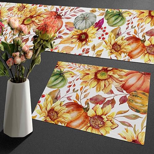 Miniatura 6 de Juego de 6 caminos de mesa y manteles individuales con diseño de calabazas de acuarela, color naranja otoñal, juego de tapetes de comedor de lino