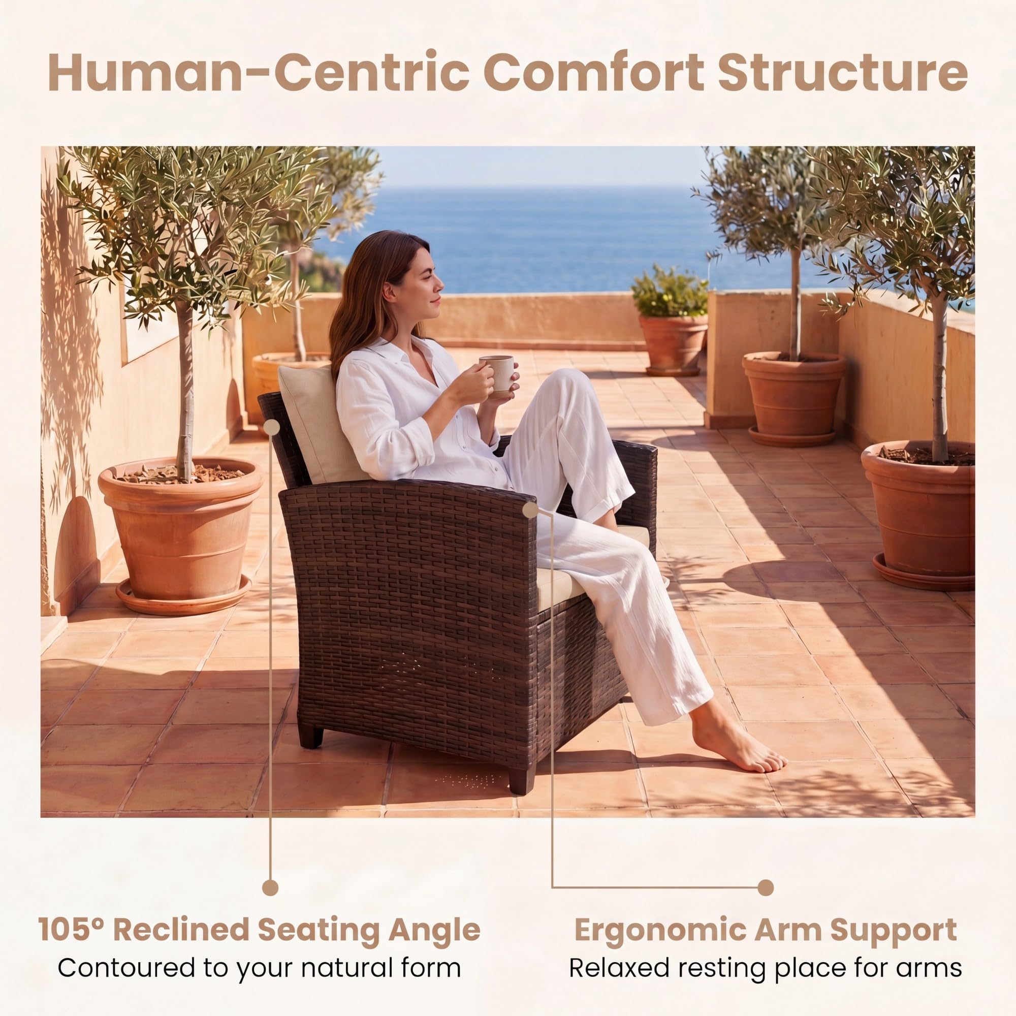 GIANTEX Juego de Muebles Jardín Exterior 3 Piezas, 2 Sillones con Cojines y 1 Mesa de Café de Vidrio, para 2 Personas, Conjunto de Conversación para Balcón, Terraza, Patio (Marrón+Café)