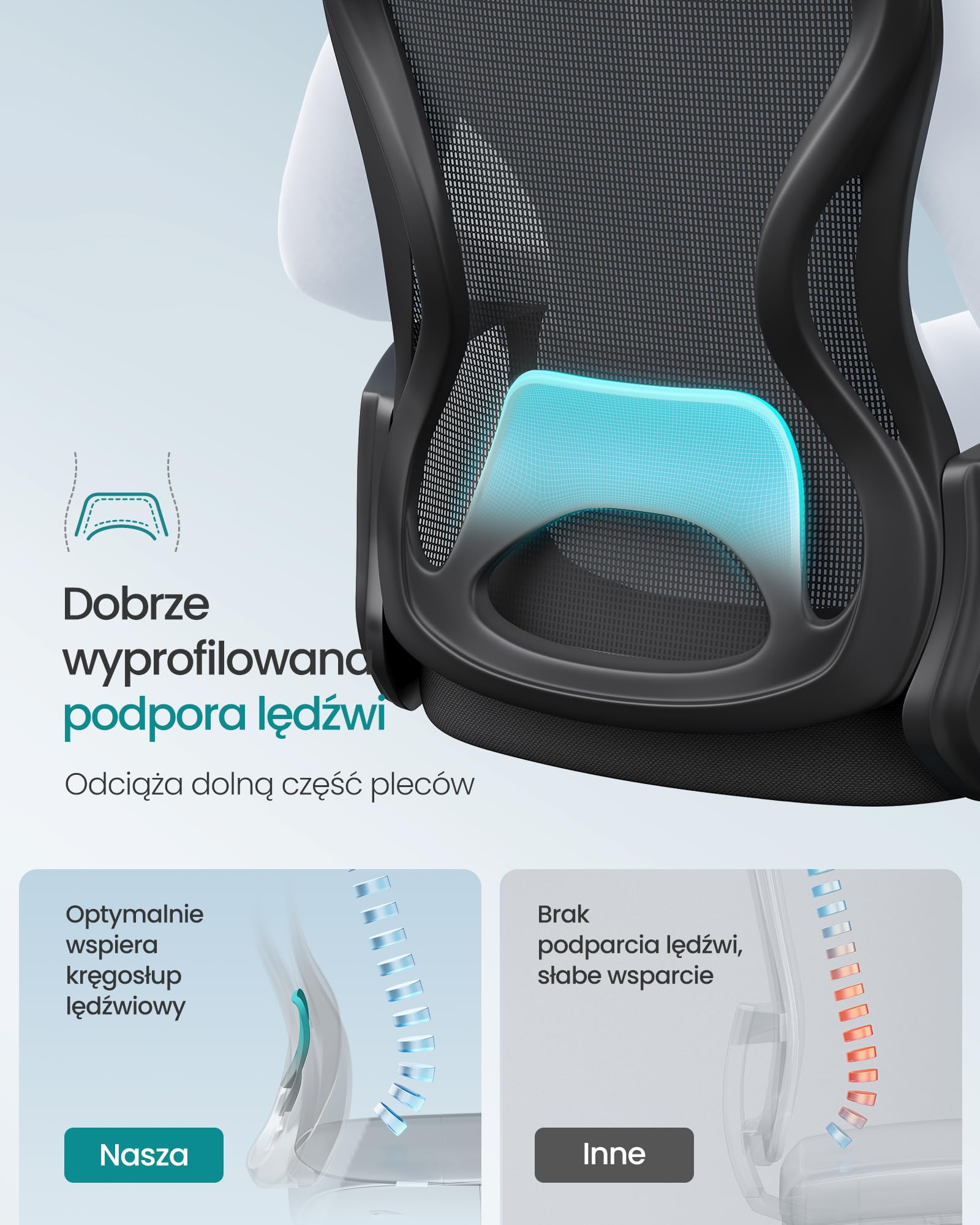 SONGMICS Ergonomiczny fotel biurowy, obrotowy z siatkową tkaniną, fotel biurowy z podparciem lędźwiowym, funkcją bujania, podłokietnikami, do gabinetu, sypialni, czarny atrament OBN043BH02