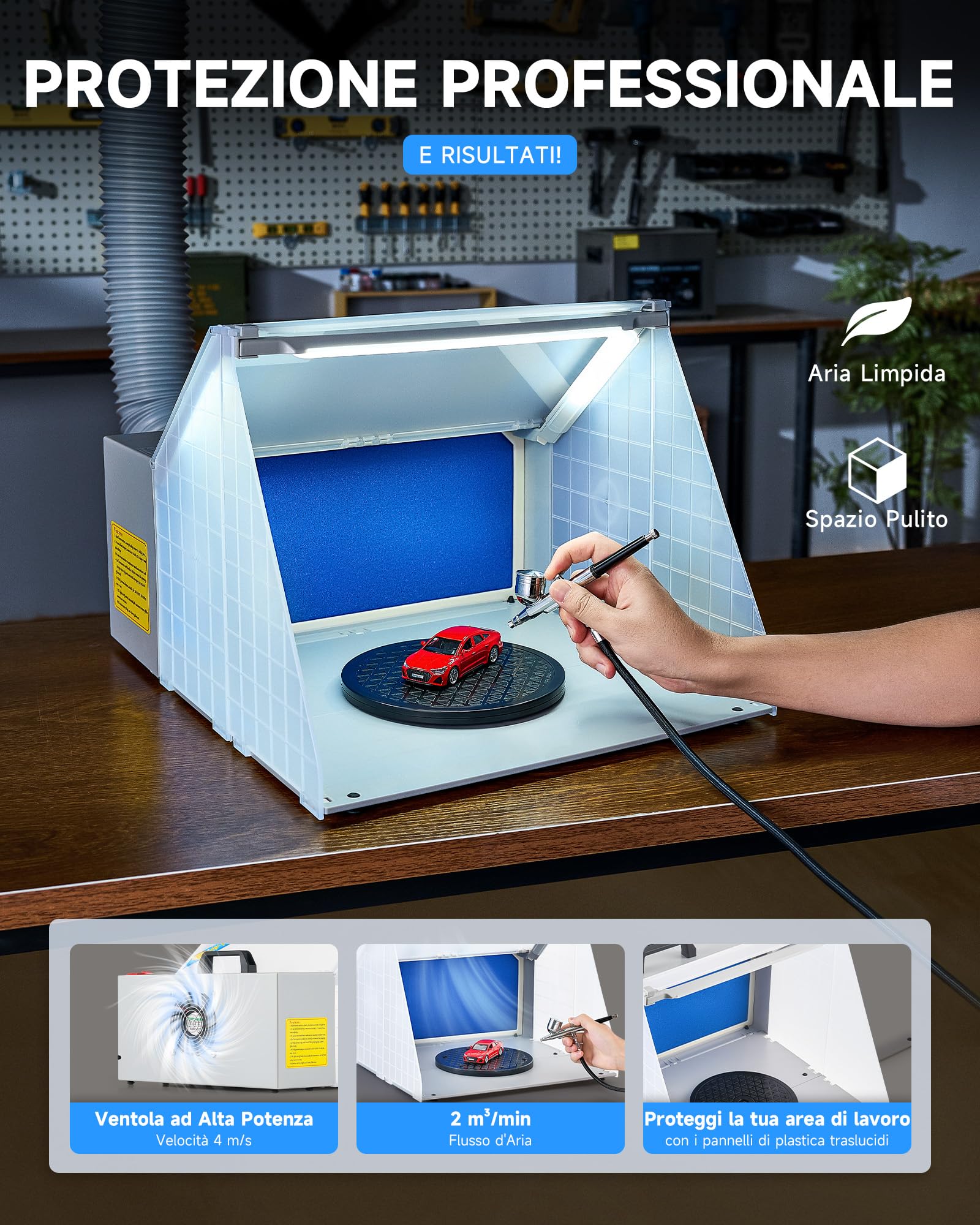 CO-Z Cabina di Verniciatura per Aerografo 2 m³/min con Aspiratore di Fumi e 3 LED, Cabina per Aerografo da Tavolo Portatile per Hobby e Modelli Professionali con 19 cm Piattaforma Girevole 1.7 m Tubo