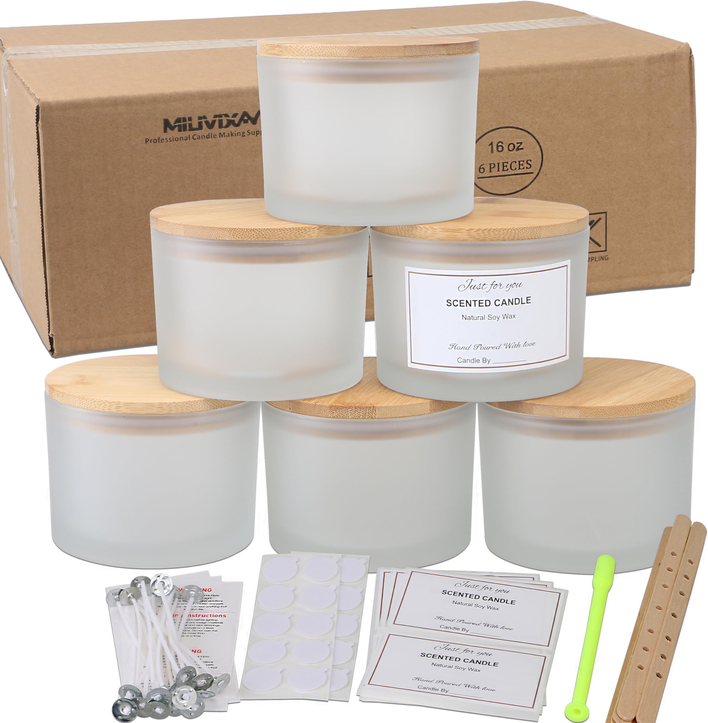 MILIVIXAY 6 Pack 16oz Candle Jars with Bamboo Lids and Candle Making Kits, 3 Wick Candle Jar, Frosted White Thick Glass Jars Empty Bulk for Making