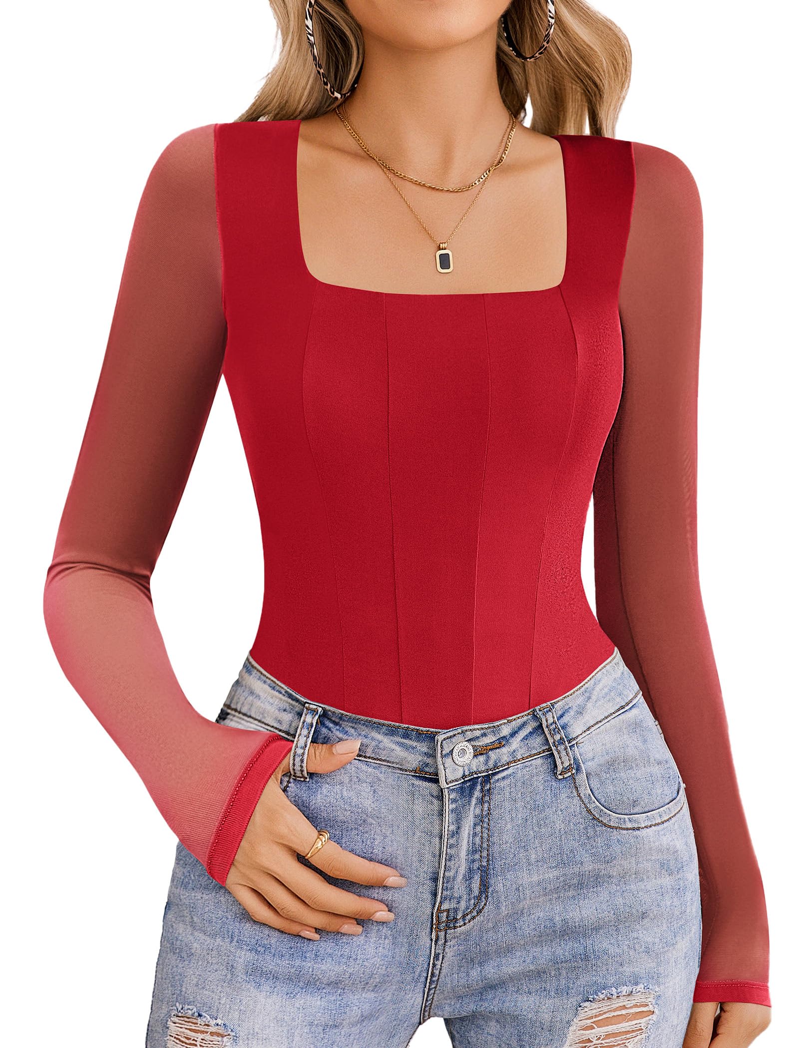 Photo 1 of Avidlove Women's Long Sleeve Bodysuit Mesh Square Neck Seamless Body Suit Leotard Tops Double Lined Soft (Red, L)