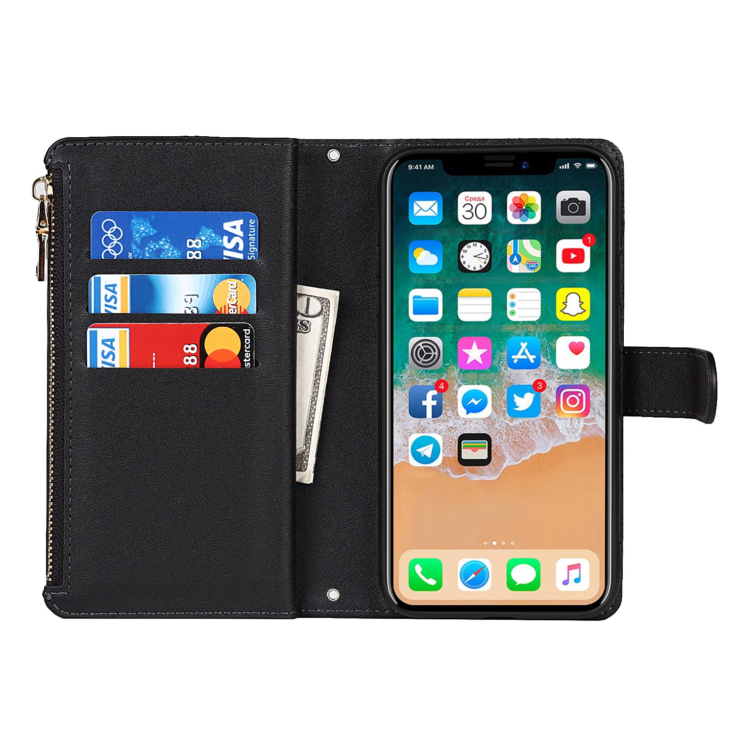 Cavor Coque Compatible avec iPhone X/XS Etui avec Cordon,Cuir véritable Flip Portefeuille Étui en Cuir,[3 Porte Cartes][Magnetique][RFID Blocker], Protection Housse - Bleu foncé