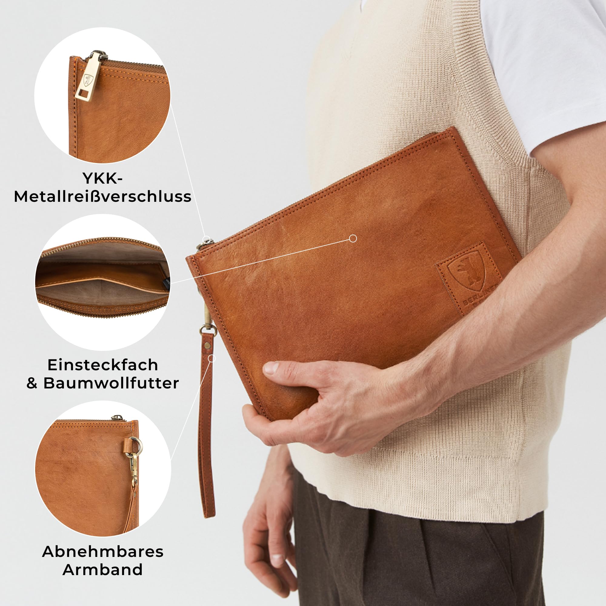 Berliner Bags Vintage Dokumentenmappe Theo XL, Schreibmappe, Reisepass Organizer und Aktenmappe aus Leder, für Herren und Damen - Braun