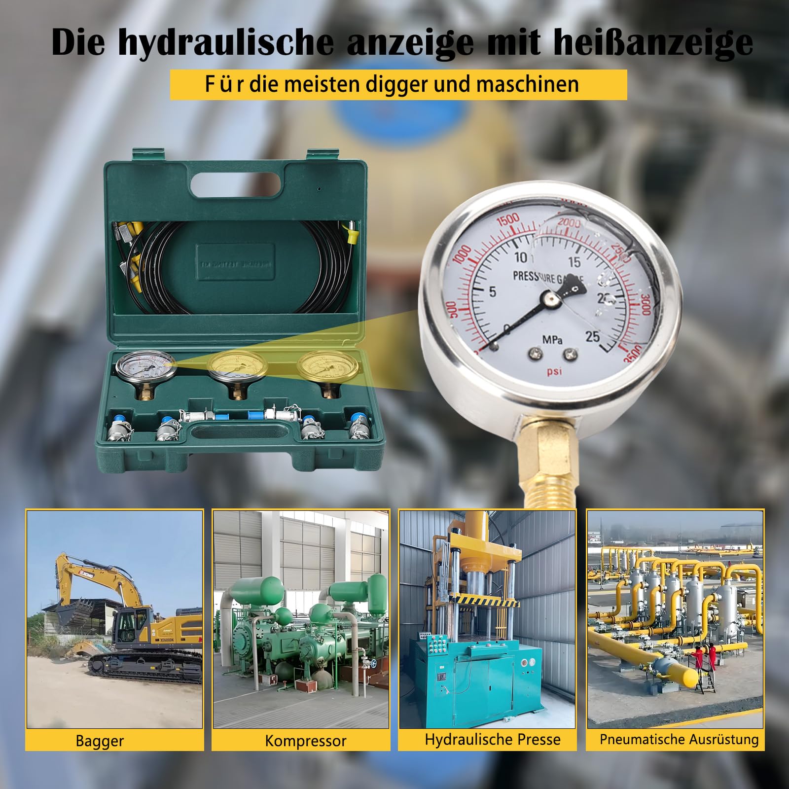 NICCOO Kit Test Pression Hydraulique 8700 PSI - 3 Manomètres 250-600