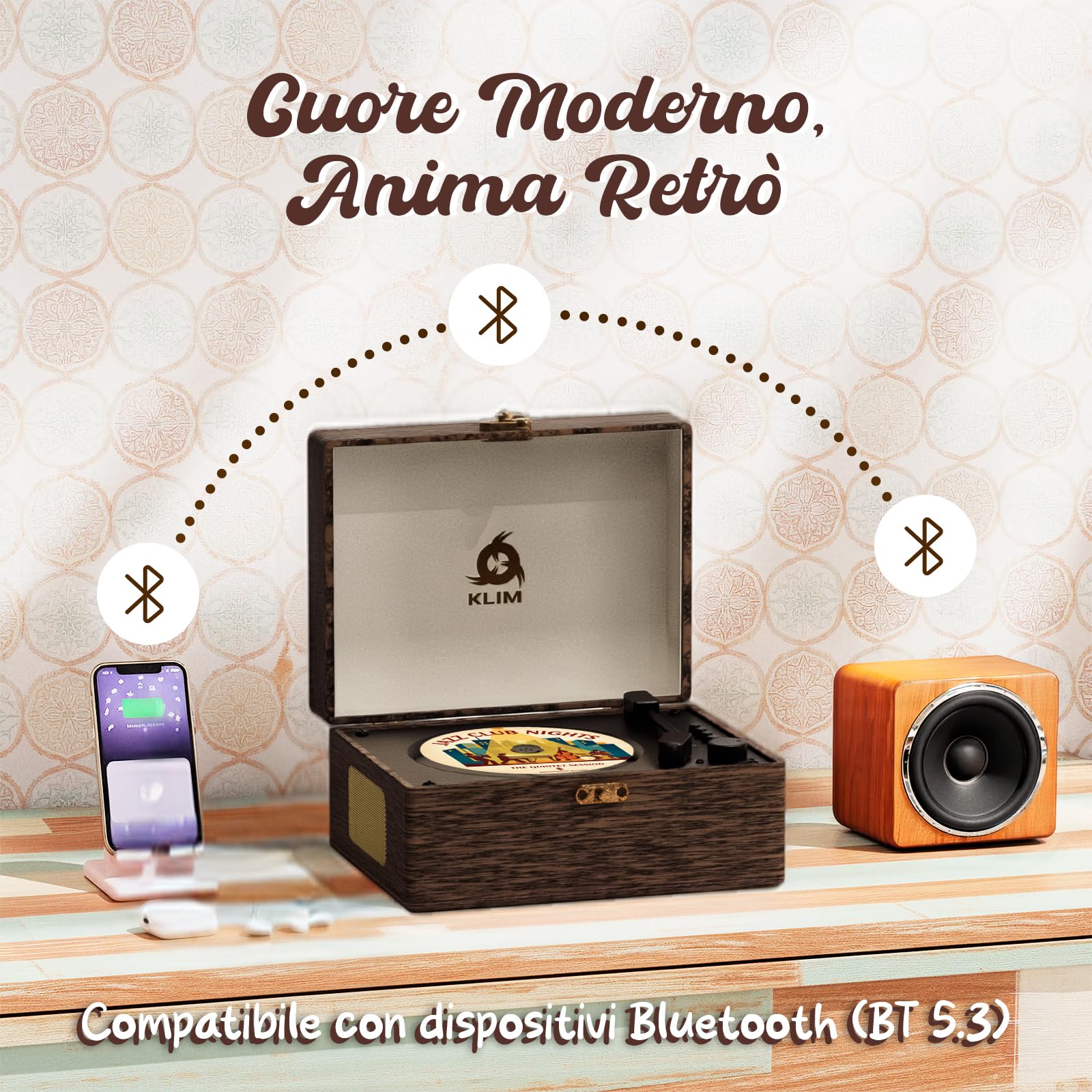 Retro CD Player Wood Lettore Portatile con Altoparlanti, AUX, USB, Legna | Ricevitore Bluetooth, Batteria Ricaricabile, Design Retrò, Stereo Compatto per Casa e Musica, Integrata da 2000mAh
