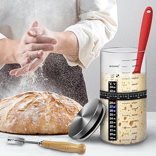Miniatura 7 de Artcome Kit de tarro de inicio de masa madre con 2 frascos de vidrio, kit de tarro de inicio de masa madre profesional de 45 onzas, recipiente