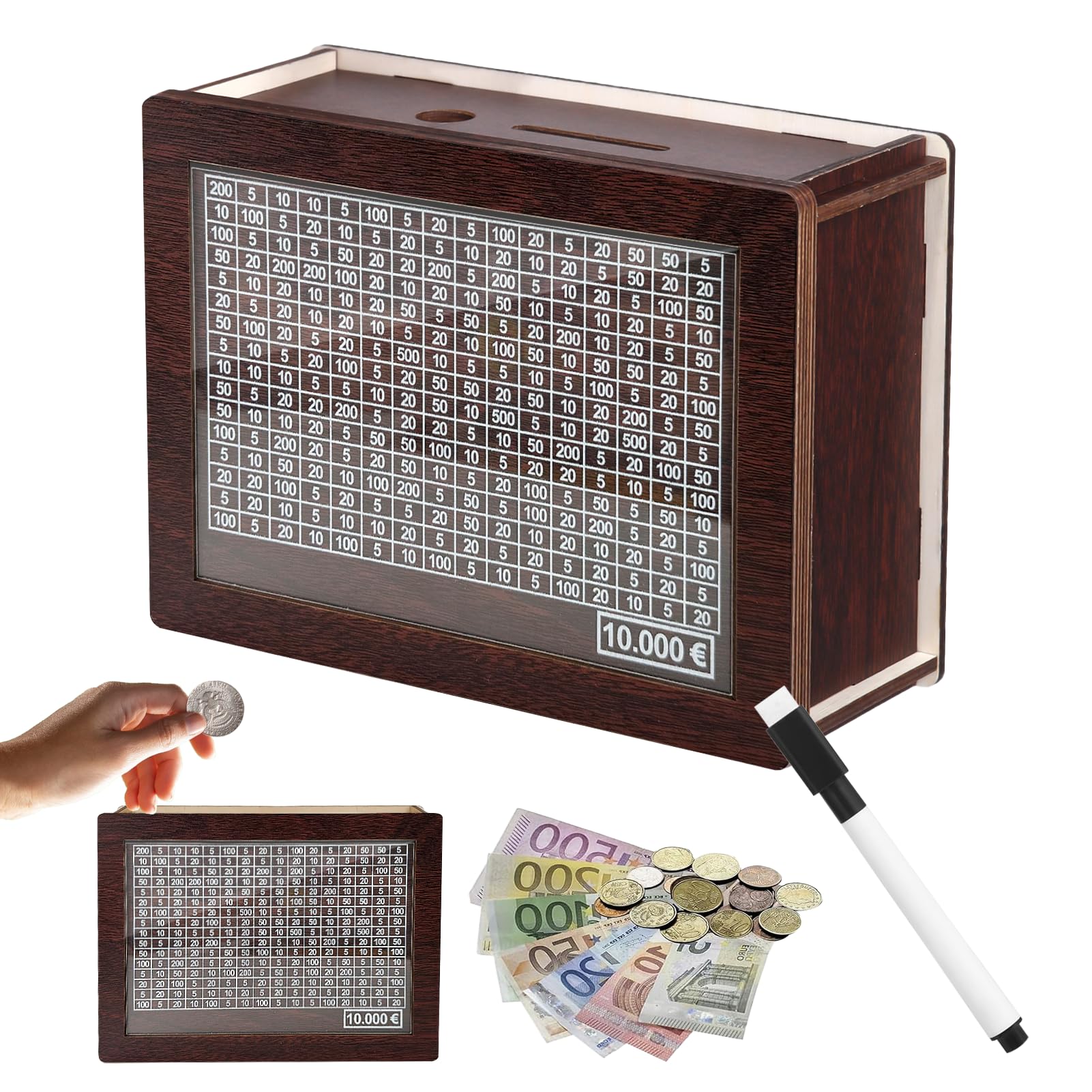 Spardose aus Holz, spardose mit zählerm, Wiederverwendbare Spardose, Sparbox mit Zahlen Ankreuzen, für Erwachsene und Kinder mit Sparziel