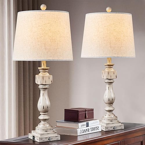 Farmhouse Table Lamps for Living Room Set of 2, 29" Rustic Bedside Nightstand Lamps for Bedrooms, 3-Way Dimmable Touch Control Lamps with Dual USB Charging Ports (Bulbs Included)
