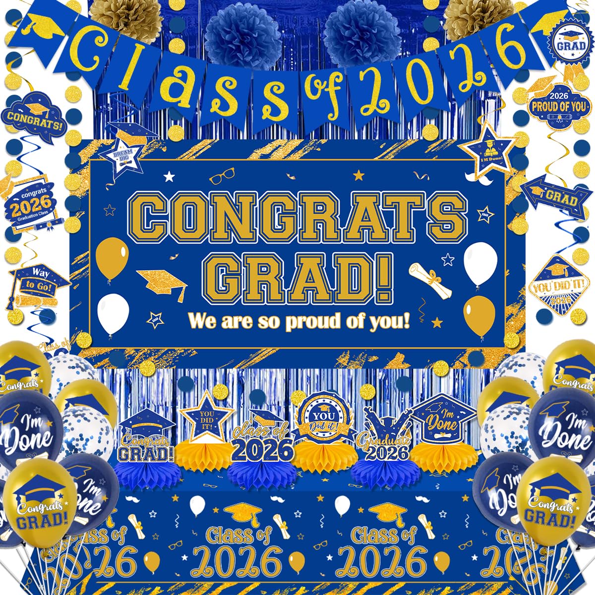 Graduation Decorations 2026 Blue and Gold Class of 2026 Banner Congrats Grad Backdrop Paper Pompoms Hanging Swirls and Balloons for 2026 Graduations Party Decorations Supplies