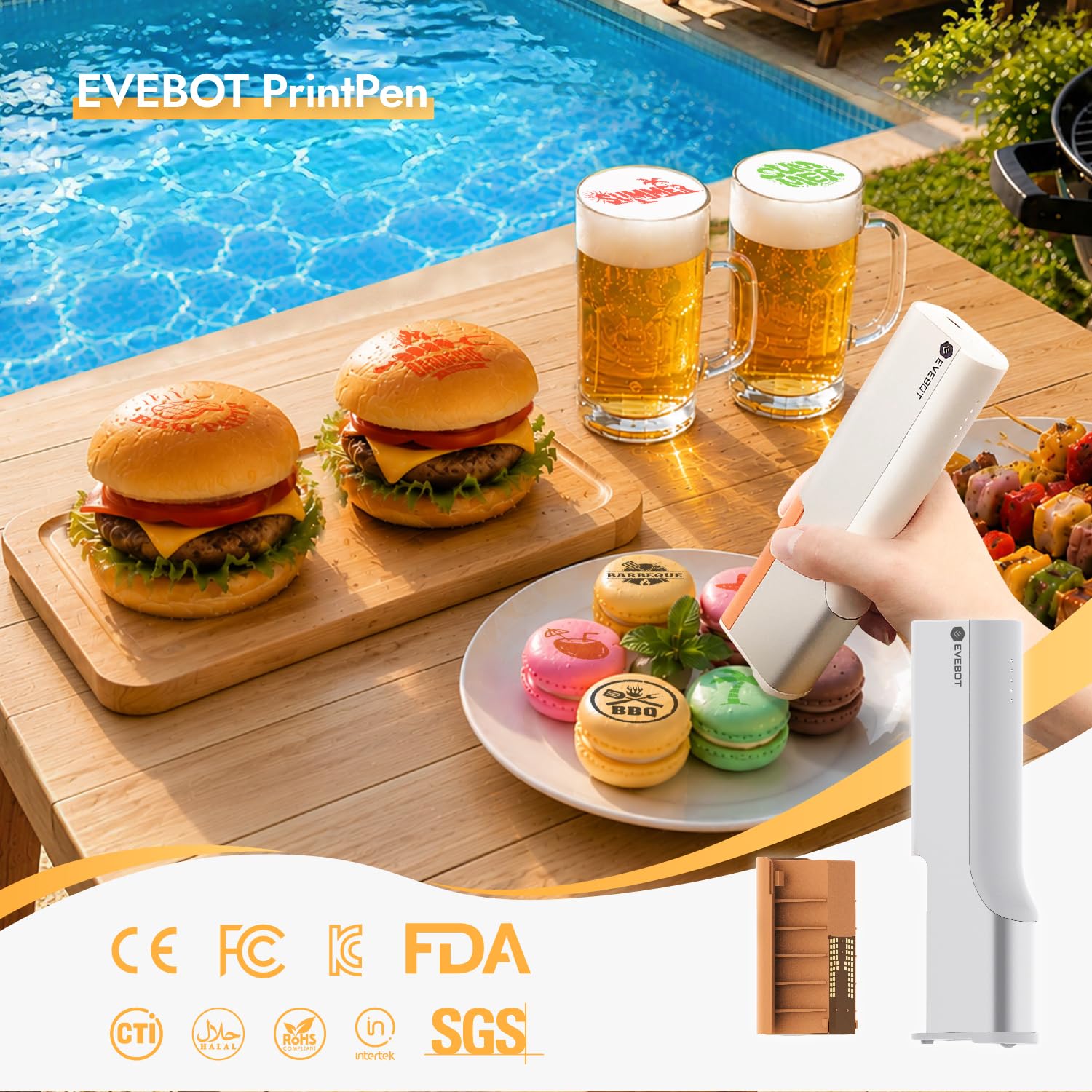 EVEBOT Kleiner PrintPen zum Herstellen von Mustern auf Macarons, Kaffee, Kuchen und Schaumgetränken, mit App-Steuerung für Zuhause, Geschäft, Konditorei, Café - Kaffeebraun, Schwarz, Rot 3PCS