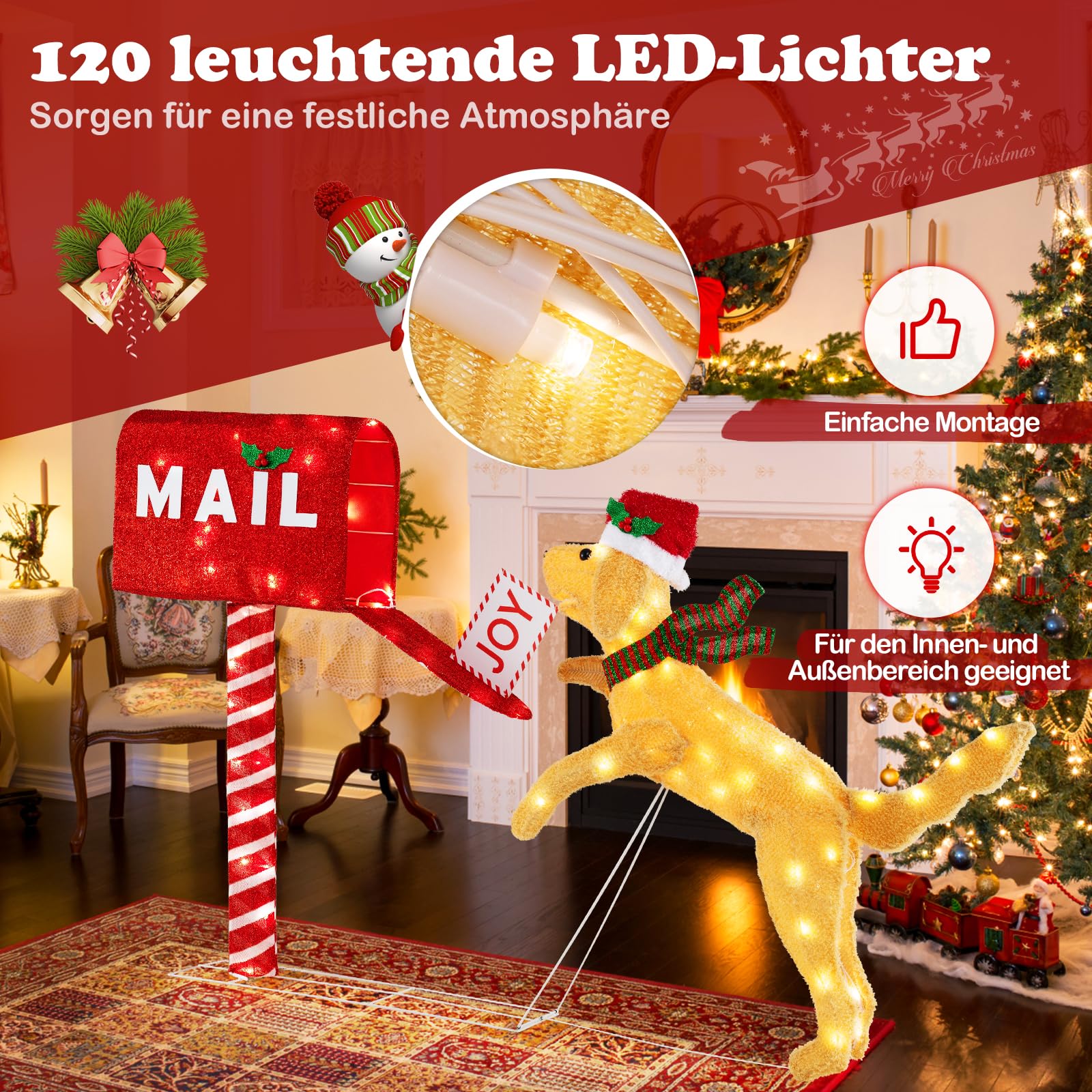 COSTWAY beleuchteter Weihnachtsdackel mit Briefkasten, 108 cm Weihnachtsdeko mit 20 warmweißen LED-Leuchten, Weihnachtsfigur wetterfest, Weihachtsdeko, Weihnachtsbeleuchtung XXL für Innen & Außen