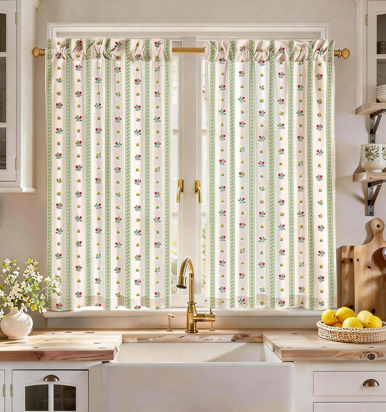 Photo 1 of Miss Adola Green Floral Kitchen Tier Curtains, 28"W x 45"L (Pack of 2)