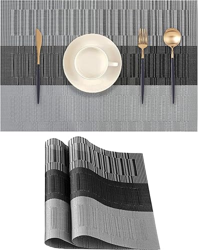 Manteles individuales negros y grises, resistentes al calor, antideslizantes, para mesa de comedor, lavables, duraderos, de vinilo de PVC tejido