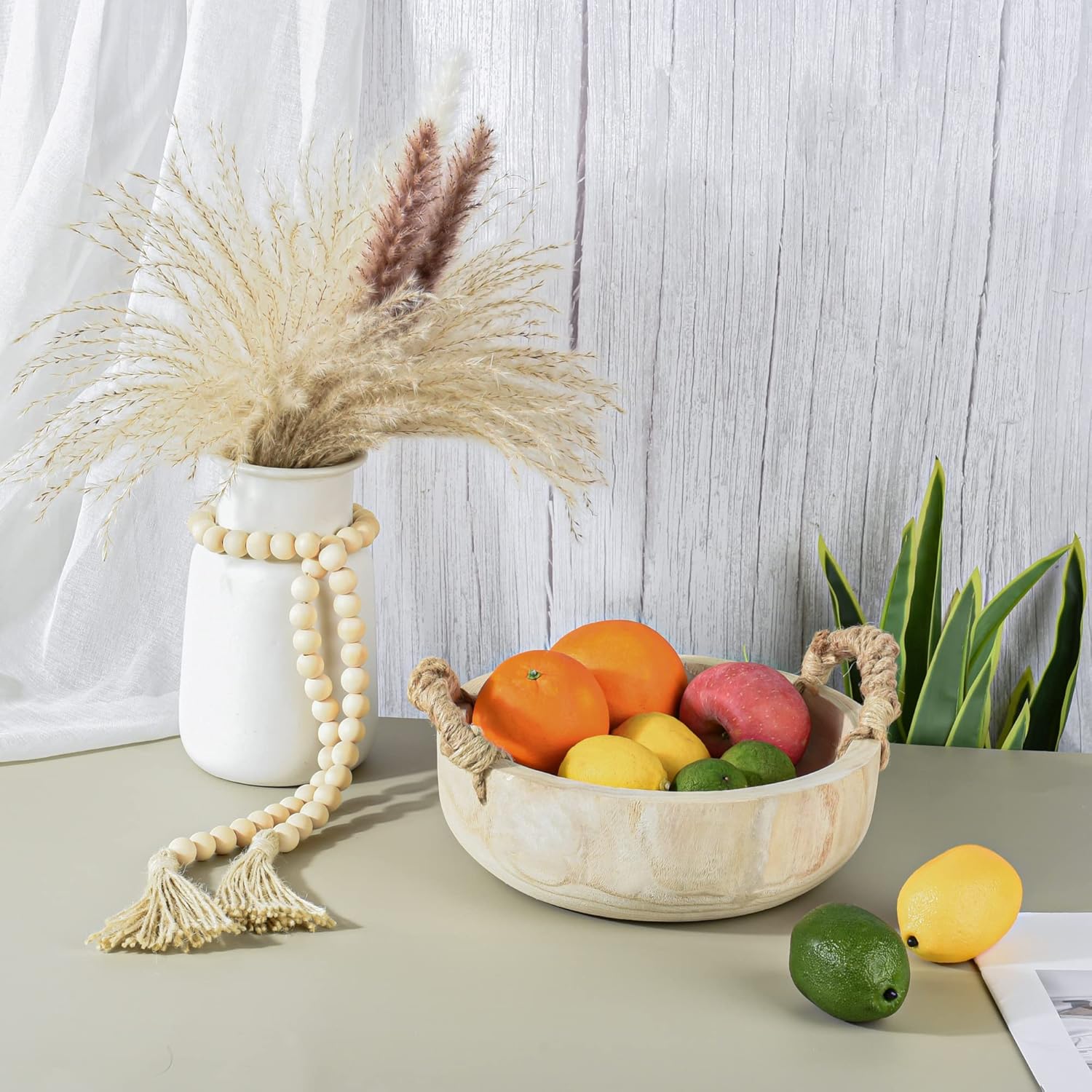AllReal Paulownia Wood Bowl Rustic Wooden Dough Bowl for Decor Decorative Round Serving Key Bowl with Rope Handle and Wood Bead Garland for Tabletop Centerpiece Home Decor 9.5 inches: Home & Kitchen