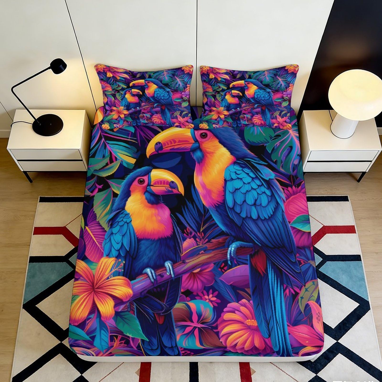 3D Printed Tropical Parrot Fitted Sheet Microfiber Vibrant Jungle Bed Cover for Bedroom Guest Room Mattress Decor 90x200x25cm
