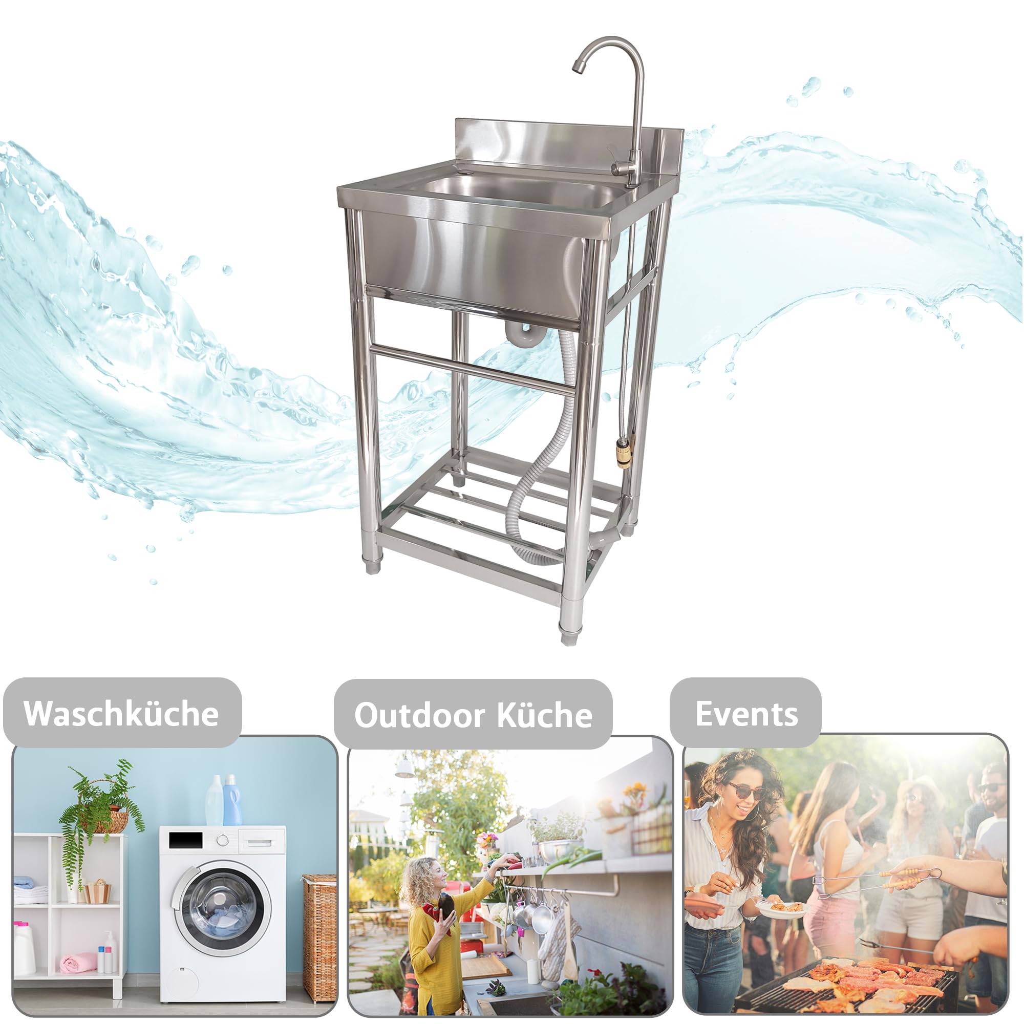 Lemodo Spültisch freistehend – Edelstahl Spültisch mit Wasserhahn, Gartenschlauch-Anschluss, mobiler Spültisch für Outdoorküche, Gastro und Camping, freistehende Küchenspüle mit Ablage