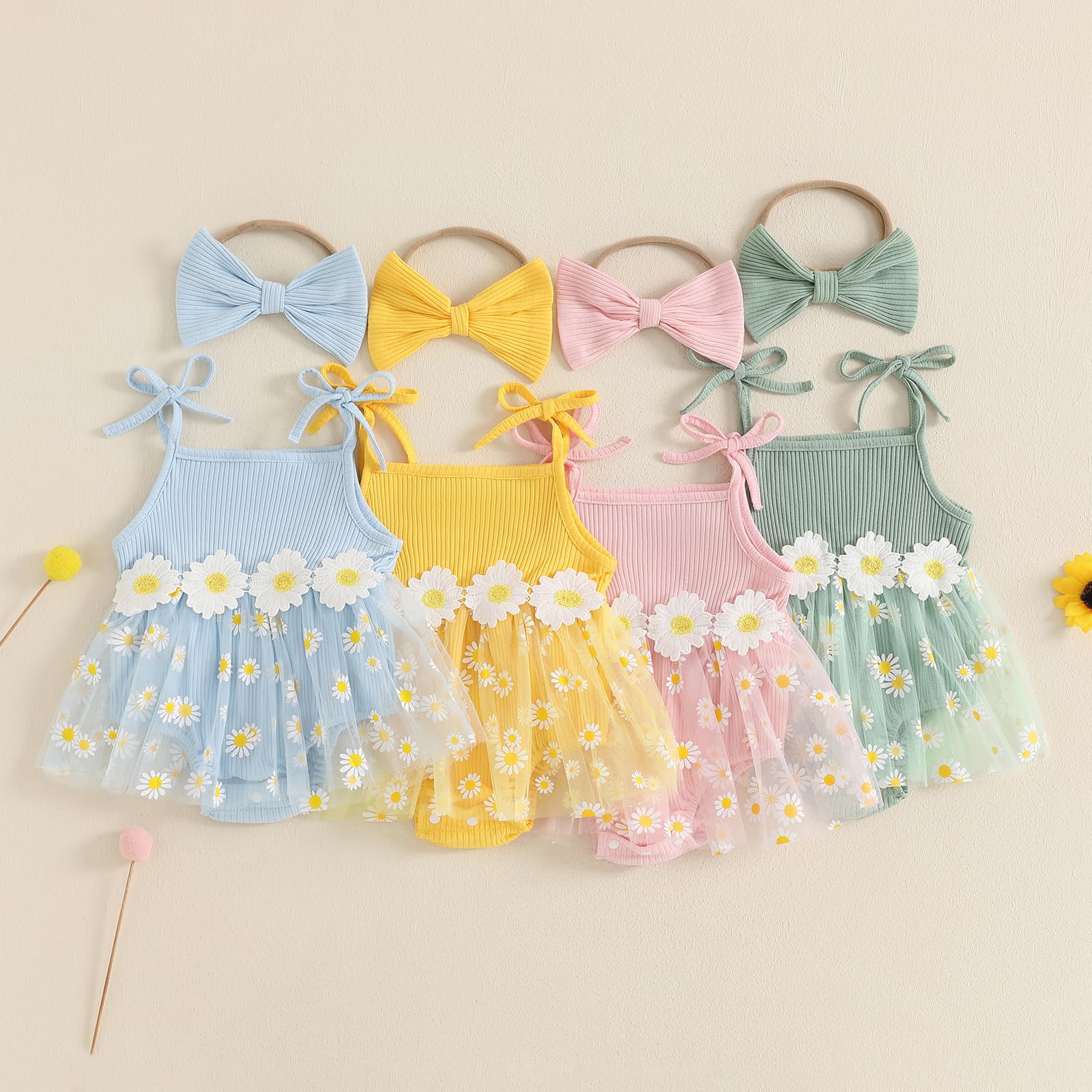 Mubineo Baby Girl Summer Clothes Cute Flower Boho Romper Dress Daisy Skirt Outfits Newborn Sleeveless Rompers Jumpsuit (Yellow, 0-3 Months)