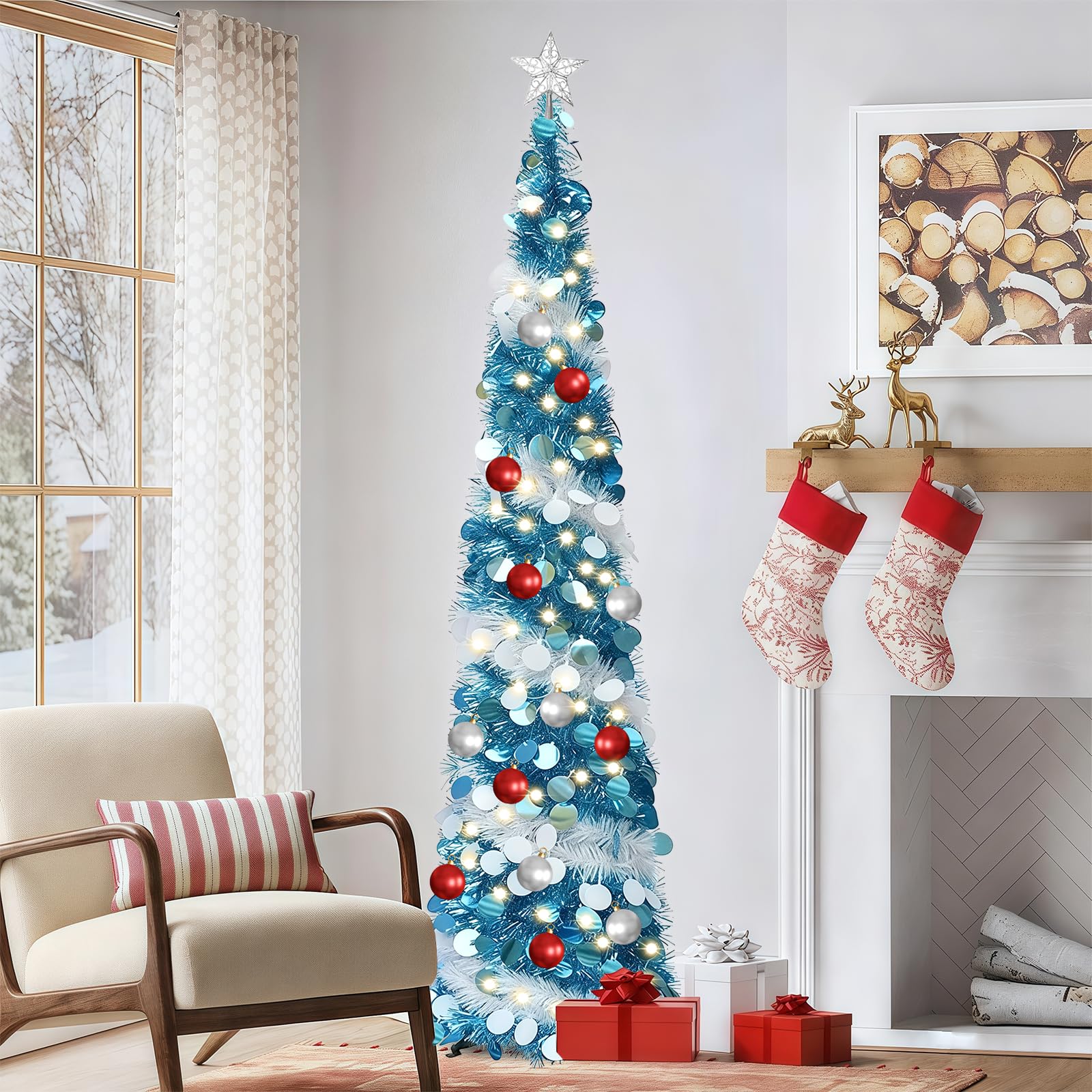 bumxca クリスマスツリー 折りたたみ式 150cm 組み立て簡単 christmas tree 【豊富な飾り付き】 クリスマスツリー ポップアップ式 キラキラ クリスマス飾り 【クリスマス雰囲気がいっぱい】 おしゃれ 松ぼっくり ファイバーツリー スタンド付き/10個ボール付き/10MストリングLED付き/トップ星付き 豪華 北欧風 コンパクト 日本語取扱説明書 (05 ブルー+ホワイト)