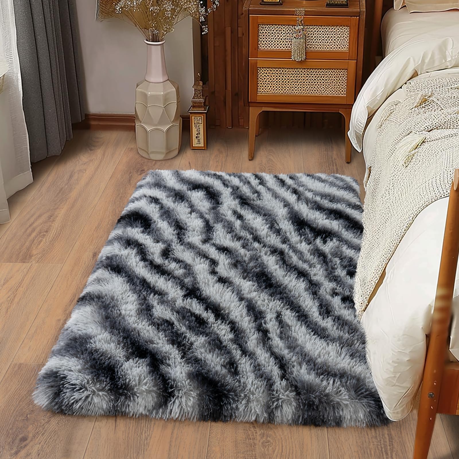 Tapis à poils longs noir et blanc 61x91 pour décoration de chambre d'enfant