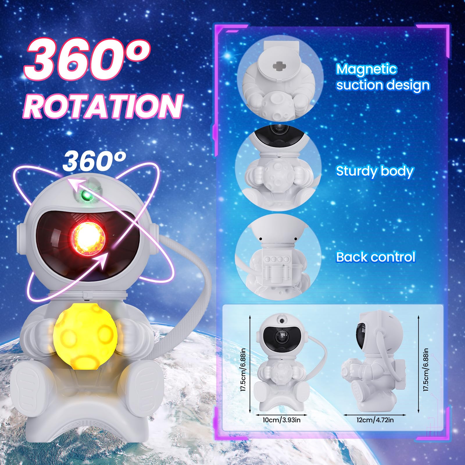 PKBD Haut-Parleur Bluetooth Intégré Astronaute Projecteur Ciel Étoile 8 Effets Nébuleuse LED Chambre Veilleuse Lampe Enfant Décoration Galaxie Projection Plafond Ambiant Lumineux- Lune
