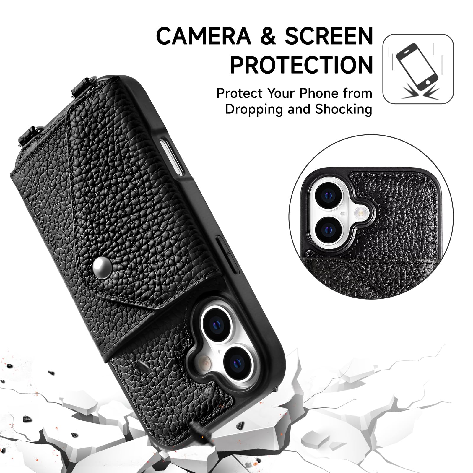 LUCKYCOIN Custodia a portafoglio in pelle per iPhone 17, custodia a tracolla nera | con cinturino da polso regolabile rimovibile, con porta carte, custodia a tracolla per donna, custodia da viaggio