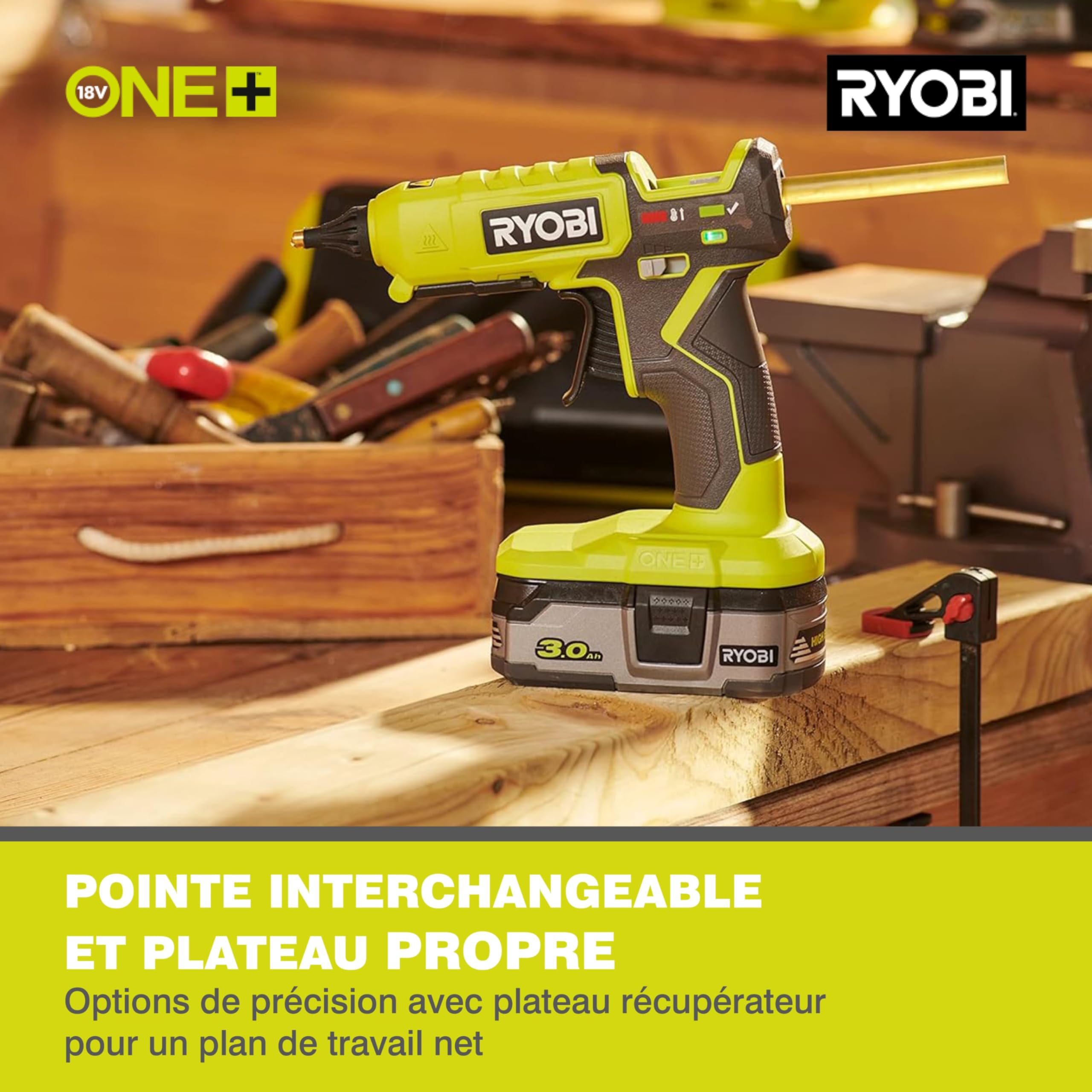 RYOBI - Pistolet à Colle Sans Fil 18V ONE+ RGL18-0 – Montée en Température Rapide (3min), Pour Colle Ø11 et 12mm, Colle Précise et Propre – Batterie Non Incluse