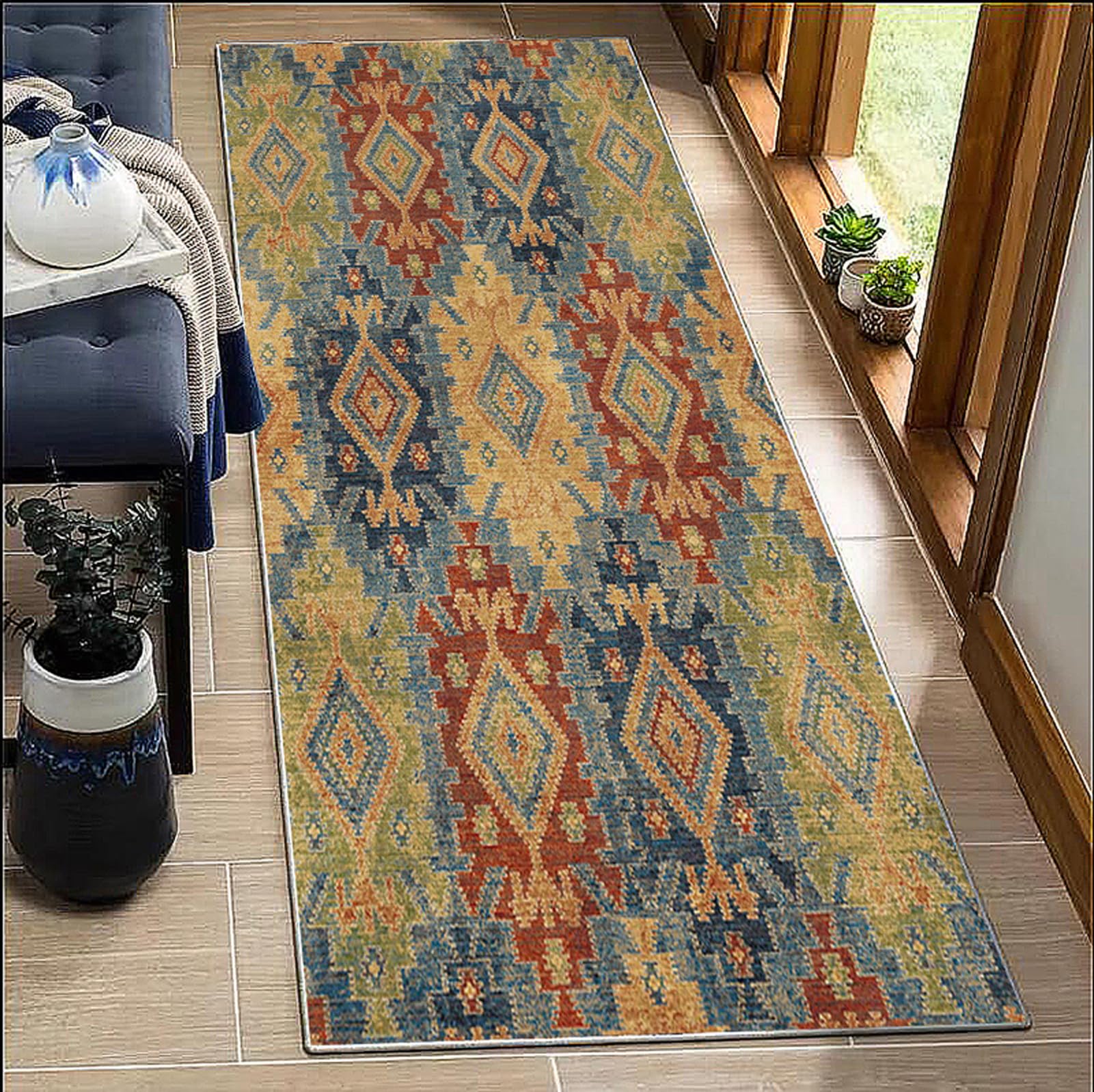 Tapis de Passage Long Personnalisable 90x300cm Marron - Tapis Cuisine Lavable Antidérapant Style Retro, Motifs Médaillon pour Couloir/Chambre, Microfibre Absorbante au Mètre Modulable