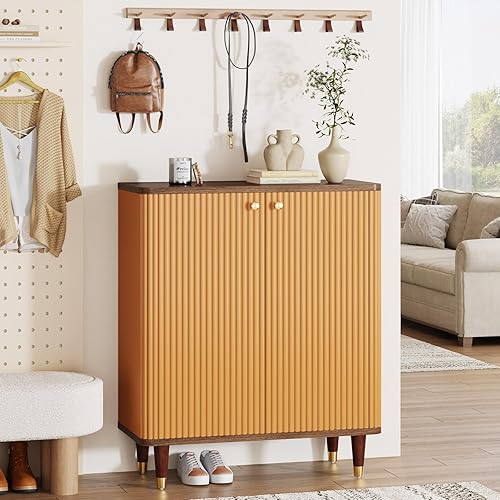 Miniatura 5 de Tribesigns Armario de madera para zapatos con puertas, 24 pares de almacenamiento de zapatos con estantes ajustables, armario organizador de zapatos