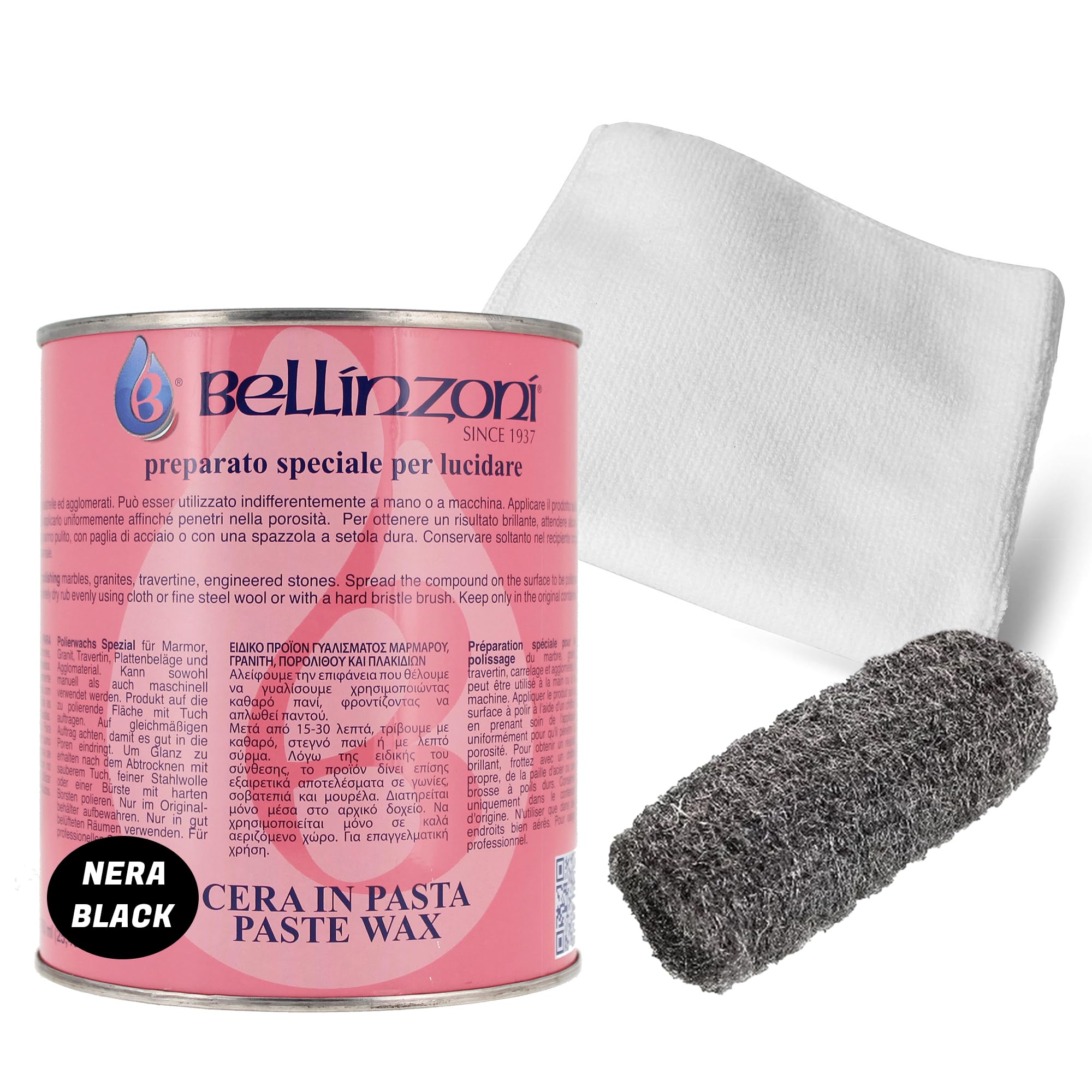Bellinzoni Kit Lucidatura Marmo, Cera in Pasta Nera, Set con Paglietta in Acciaio e Panno per Marmo, Granito e Pietre